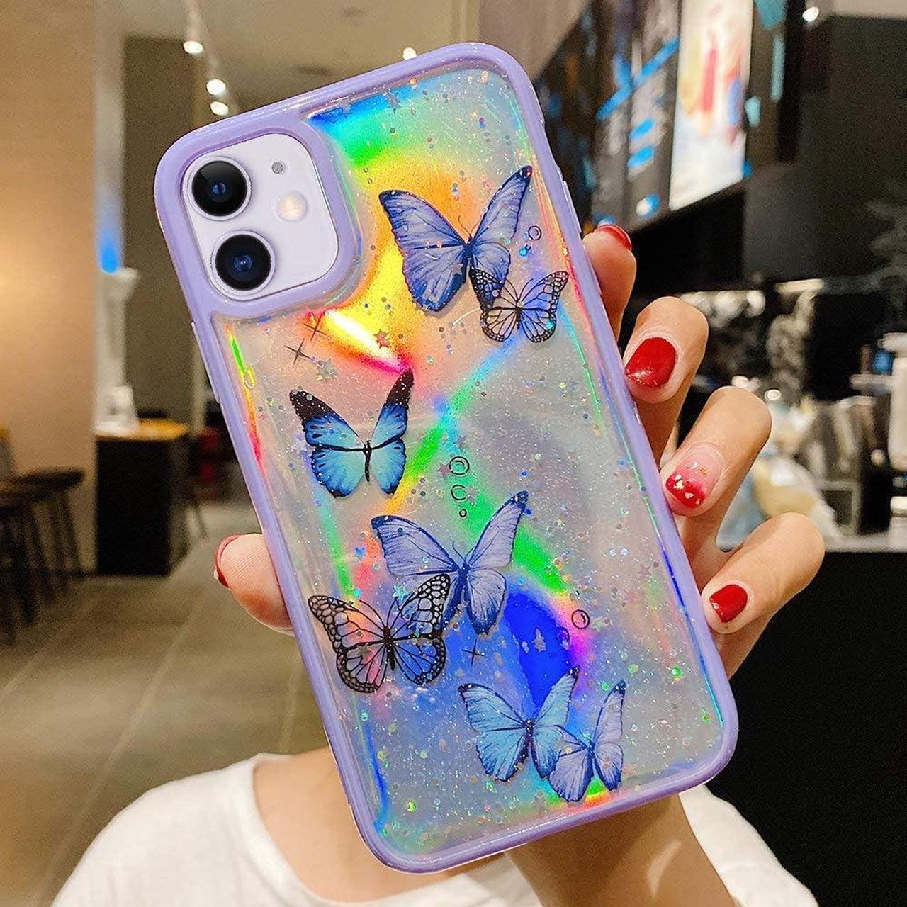 Alt view image 3 of 7 - LCHULLE Girly Case for iPhone 11 Case Cute Iridescent Butterfly Design Laser Bling Glitter Stars for Girls Women Soft TPU Bumper Drop Protection Case Cover for iPhone 11, Purple
