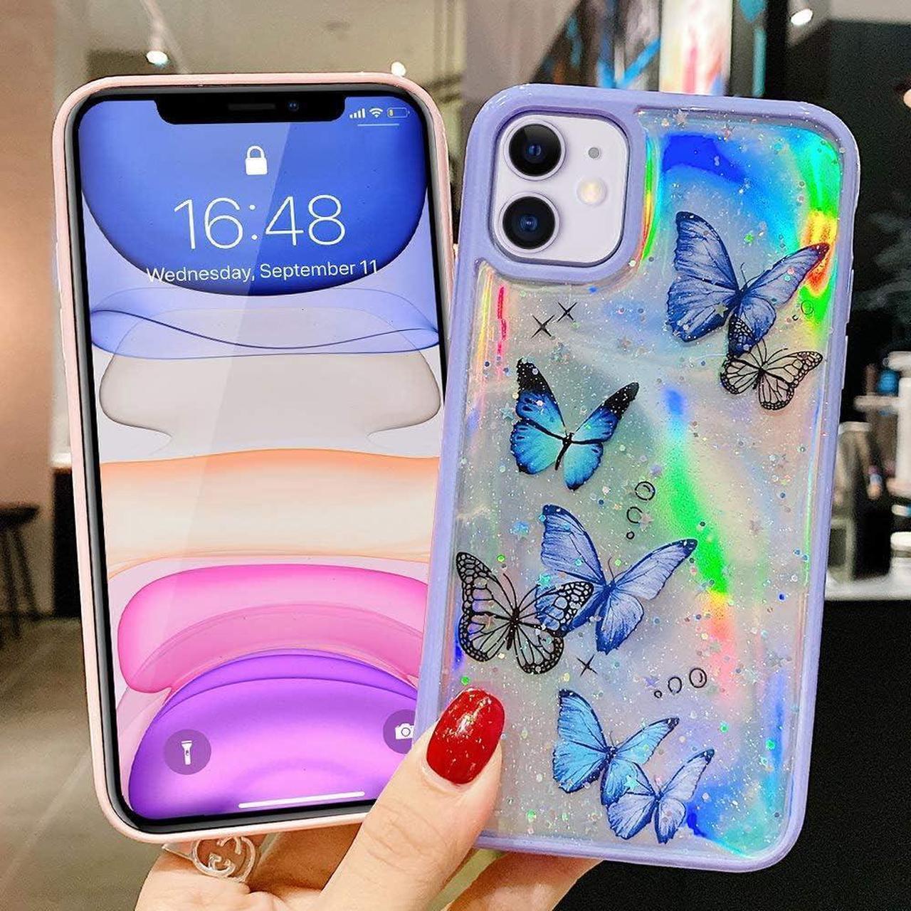 Alt view image 6 of 7 - LCHULLE Girly Case for iPhone 11 Case Cute Iridescent Butterfly Design Laser Bling Glitter Stars for Girls Women Soft TPU Bumper Drop Protection Case Cover for iPhone 11, Purple