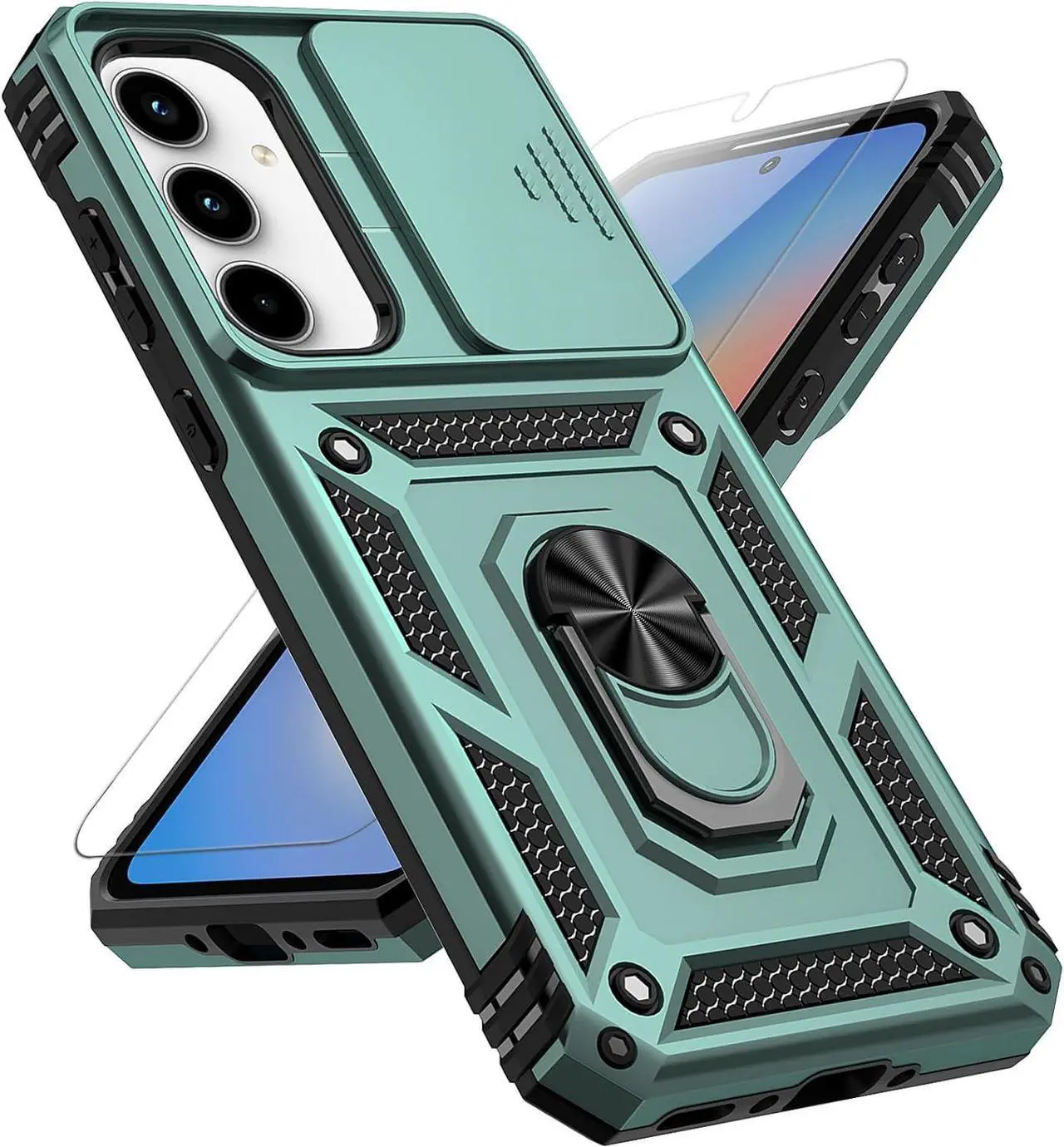 Main image of for Samsung Galaxy A35 5G Case with Slide Camera Cover HD Screen Protector [Military Grade 16ft. Drop Tested] Magnetic Ring Holder Kickstand Protective Phone Case for Galaxy A35 5G 2024, Dark Green