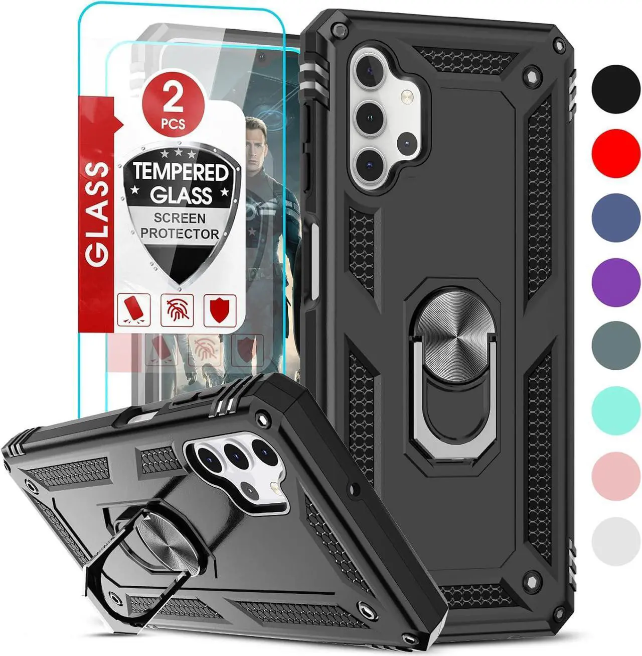 Main image of LeYi for Samsung Galaxy A32 5G Phone Case, Samsung A32 Case with [2 Pack] Tempered Glass Screen Protector, [Military-Grade] Ring Kickstand Protective Case for Galaxy A32 5G (Not Fit 4G), Black