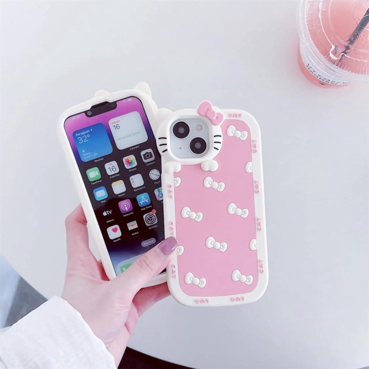 Alt view image 2 of 6 - AUCAN Cute Silicone Case for iPhone 12 6.1"& iPhone 12Pro 6.1", Pink Kawaii Soft Funny Cover, Shockproof Classic Cat Bow Cellular Phone Case for Girls Women
