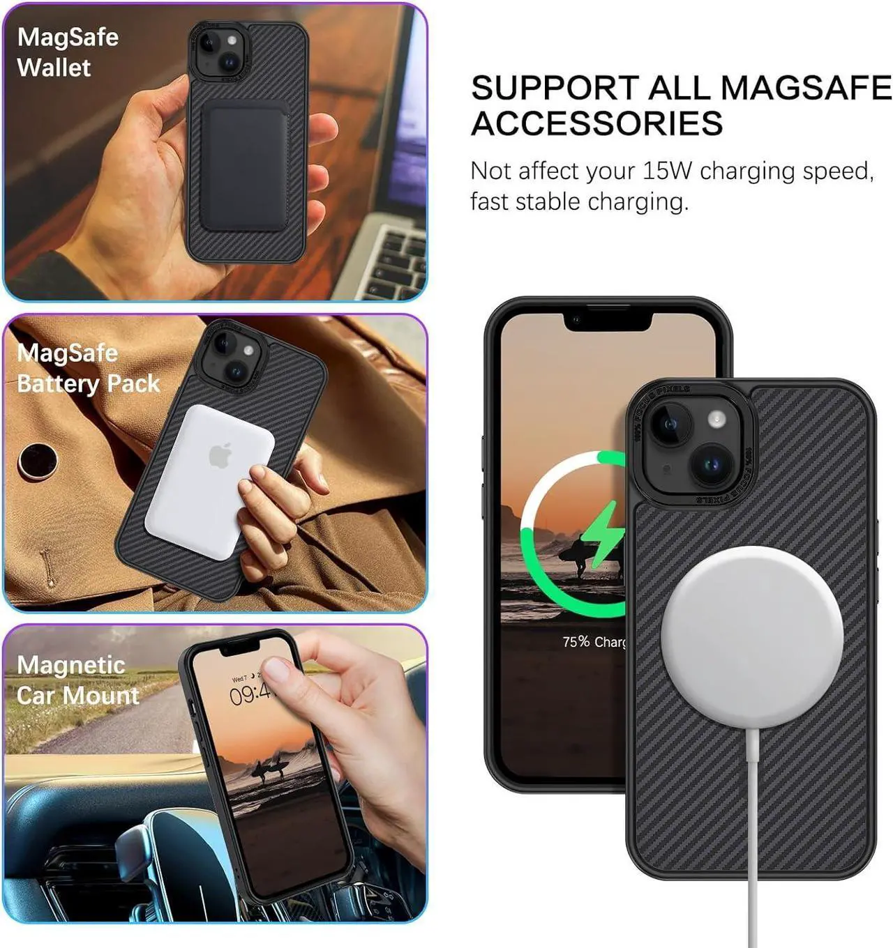 Alt view image 3 of 7 - for Magnetic iPhone 13 Case, Phone Case iPhone 14 [Compatible with MagSafe] Slim Fit Smooth Carbon Fiber Shockproof Women Men Girls Boys Protective Case Cover for iPhone 13 and 14 6.1", Black