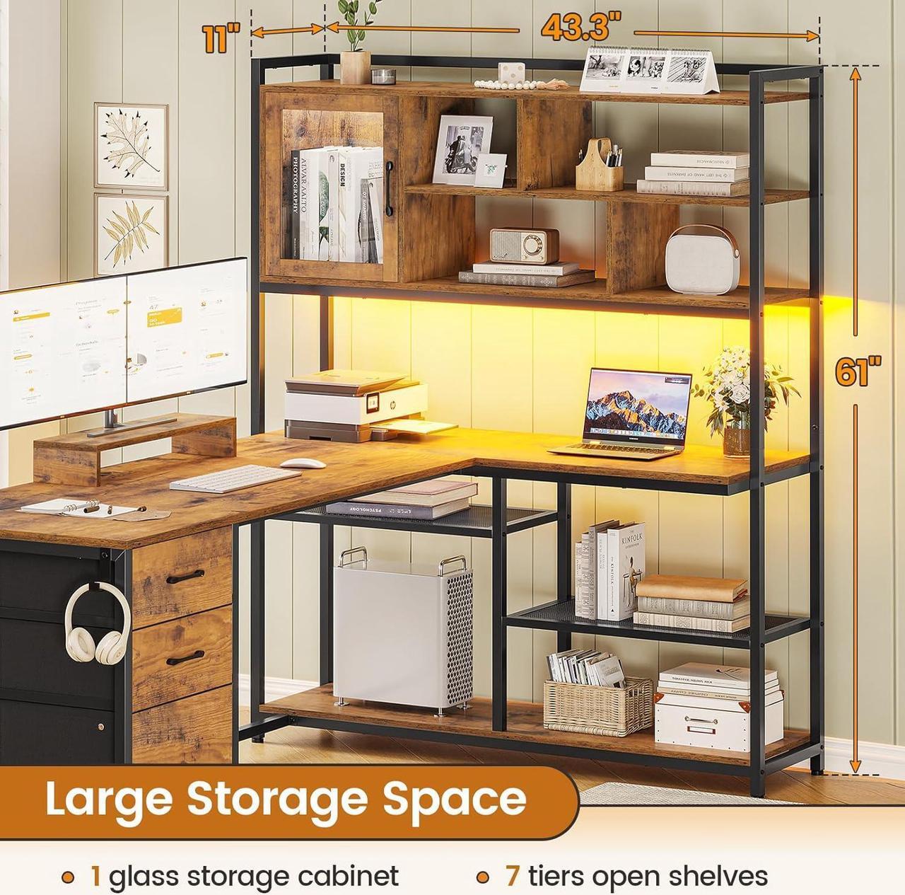 Alt view image 2 of 7 - L Shaped Computer Desk, 58'' Office Desk with 3 Drawers and Bookshelf, L Shaped Corner Desk with Storage Shelves and LED Light for Home Office, Gaming Desk, L Desk, Rustic Brown