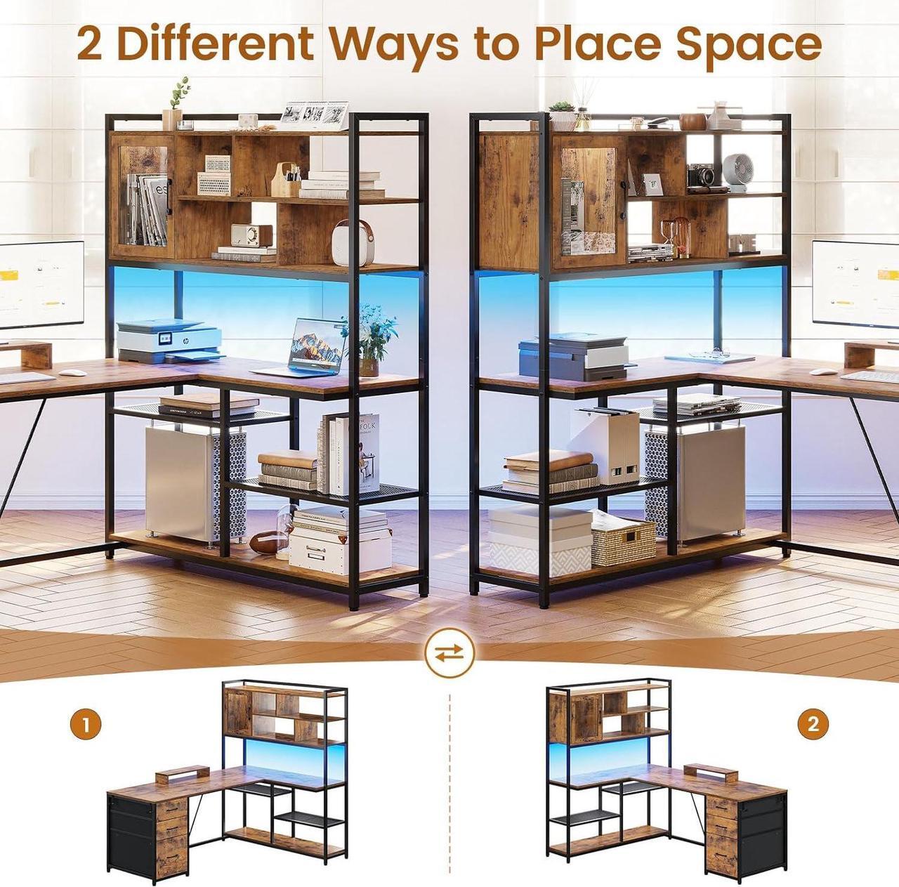 Alt view image 3 of 7 - L Shaped Computer Desk, 58'' Office Desk with 3 Drawers and Bookshelf, L Shaped Corner Desk with Storage Shelves and LED Light for Home Office, Gaming Desk, L Desk, Rustic Brown