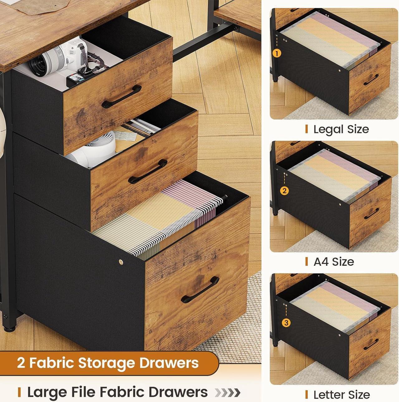 Alt view image 4 of 7 - L Shaped Computer Desk, 58'' Office Desk with 3 Drawers and Bookshelf, L Shaped Corner Desk with Storage Shelves and LED Light for Home Office, Gaming Desk, L Desk, Rustic Brown