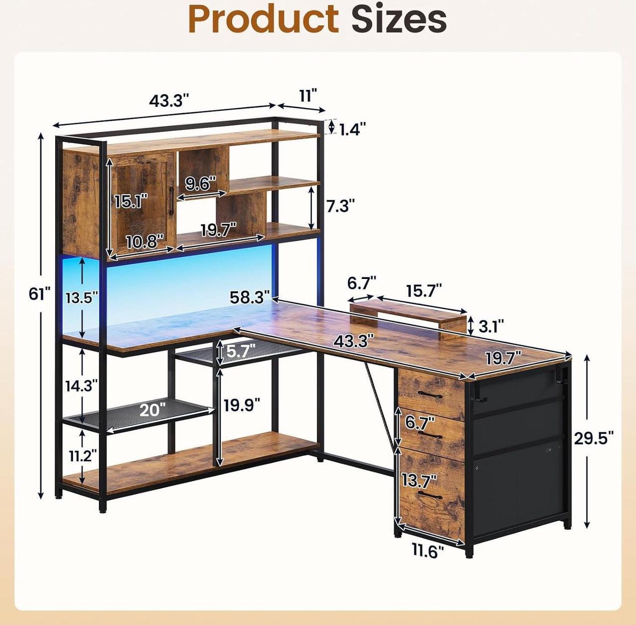 Alt view image 5 of 7 - L Shaped Computer Desk, 58'' Office Desk with 3 Drawers and Bookshelf, L Shaped Corner Desk with Storage Shelves and LED Light for Home Office, Gaming Desk, L Desk, Rustic Brown