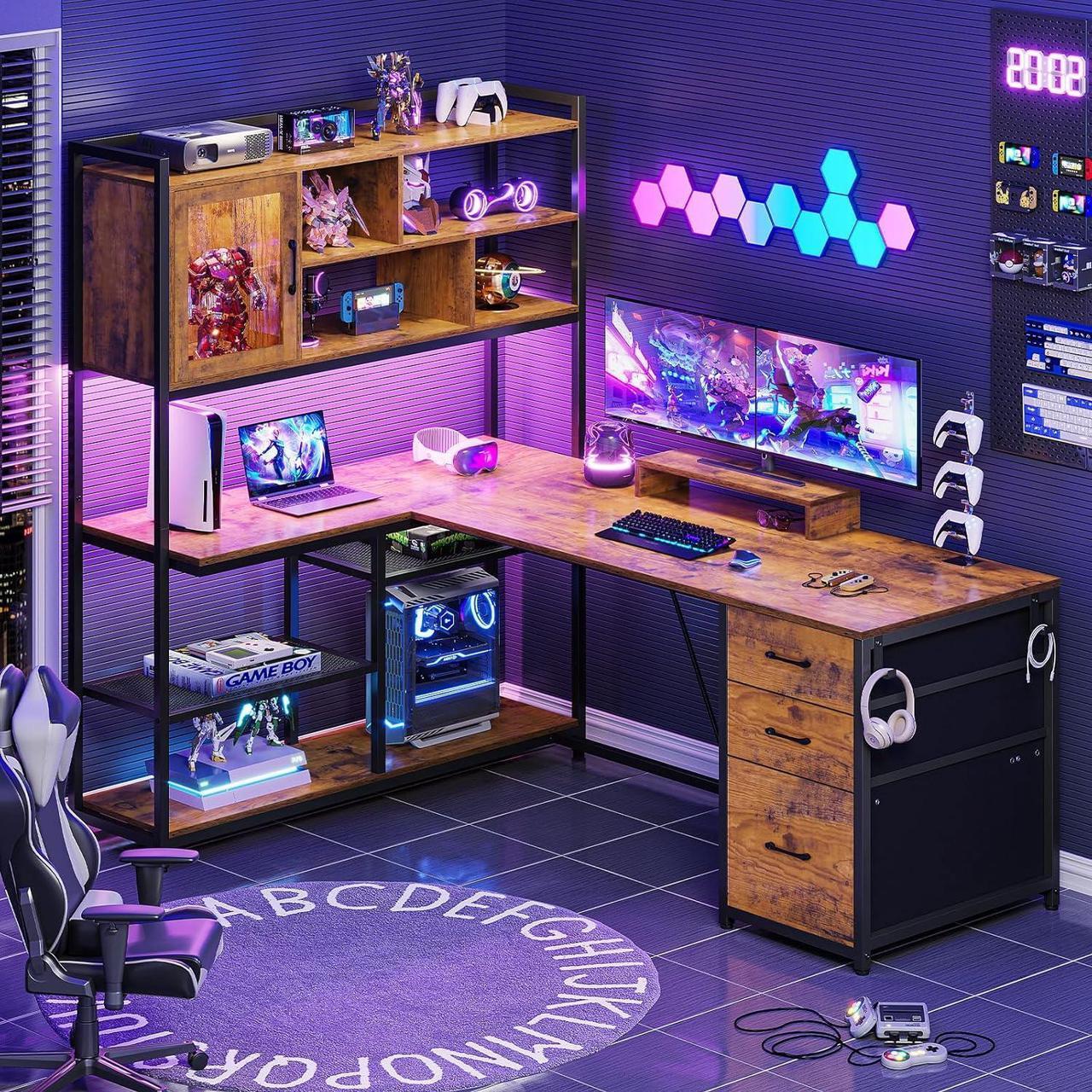 Alt view image 6 of 7 - L Shaped Computer Desk, 58'' Office Desk with 3 Drawers and Bookshelf, L Shaped Corner Desk with Storage Shelves and LED Light for Home Office, Gaming Desk, L Desk, Rustic Brown