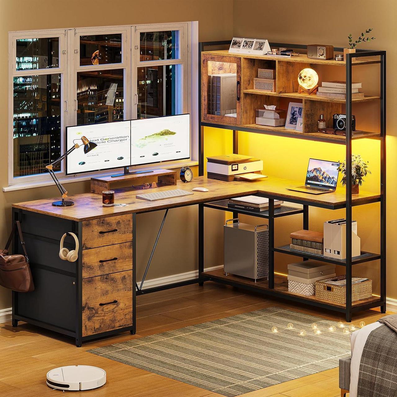 Alt view image 7 of 7 - L Shaped Computer Desk, 58'' Office Desk with 3 Drawers and Bookshelf, L Shaped Corner Desk with Storage Shelves and LED Light for Home Office, Gaming Desk, L Desk, Rustic Brown