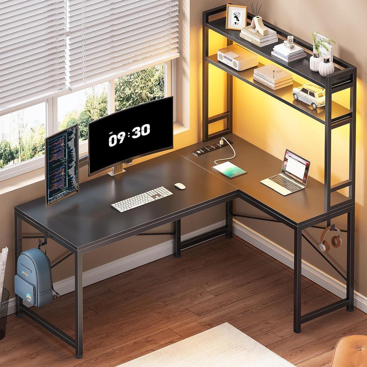Alt view image 3 of 7 - L Shaped Gaming Desk, Reversible 45.3 Small Corner Desk with Power Outlet and LED Lights, Corner Gaming Desk with Storage Shelves, Hooks and Hooks for Small Space, Black