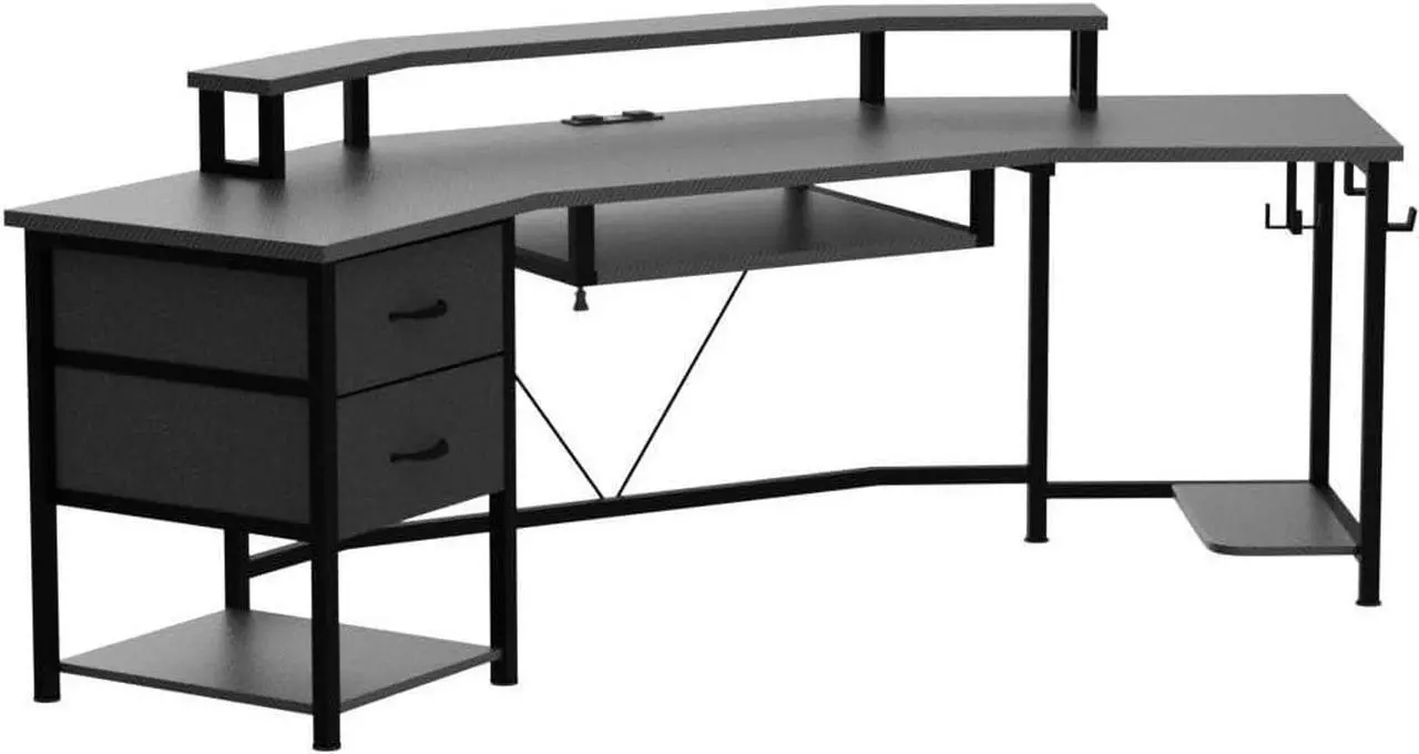 Alt view image 4 of 7 - 79" Gaming Desk, Computer Desk with 2 Fabric Drawers & LED Light, L Shaped Gaming Desk with Storage Shelf for Home Office, Carbon Fiber Black