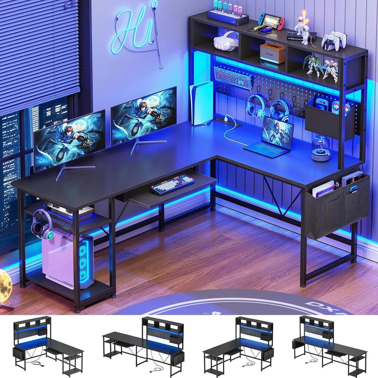 Main image of L Shaped Gaming Desk with Hutch, 57.5 Reversible Corner Computer Desk with Storage Shelves, Gaming Desk with Pegboard, LED Lights, Power Outlet, Keyboard Tray and Storage Bag, Black