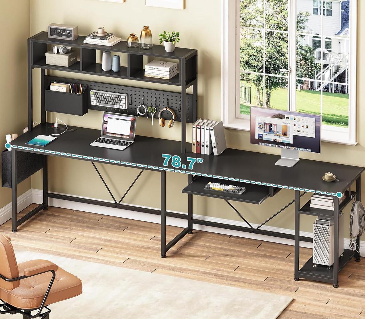 Alt view image 2 of 7 - L Shaped Gaming Desk with Hutch, 57.5 Reversible Corner Computer Desk with Storage Shelves, Gaming Desk with Pegboard, LED Lights, Power Outlet, Keyboard Tray and Storage Bag, Black