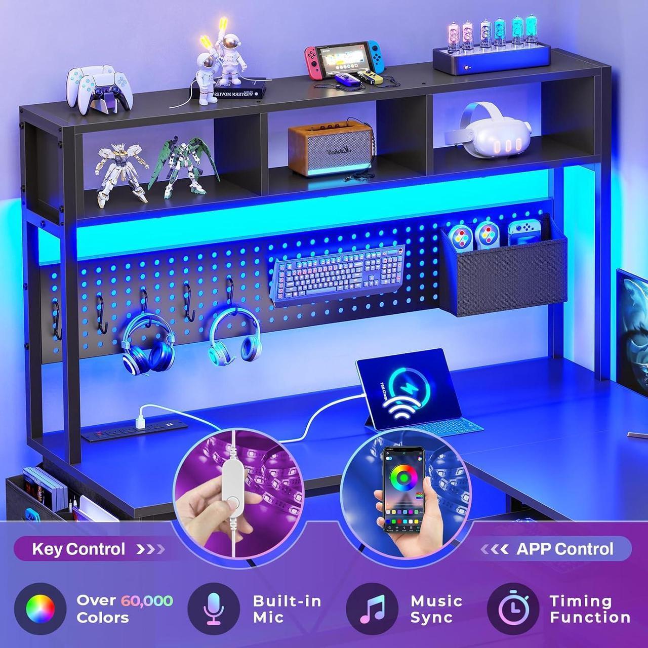 Alt view image 4 of 7 - L Shaped Gaming Desk with Hutch, 57.5 Reversible Corner Computer Desk with Storage Shelves, Gaming Desk with Pegboard, LED Lights, Power Outlet, Keyboard Tray and Storage Bag, Black