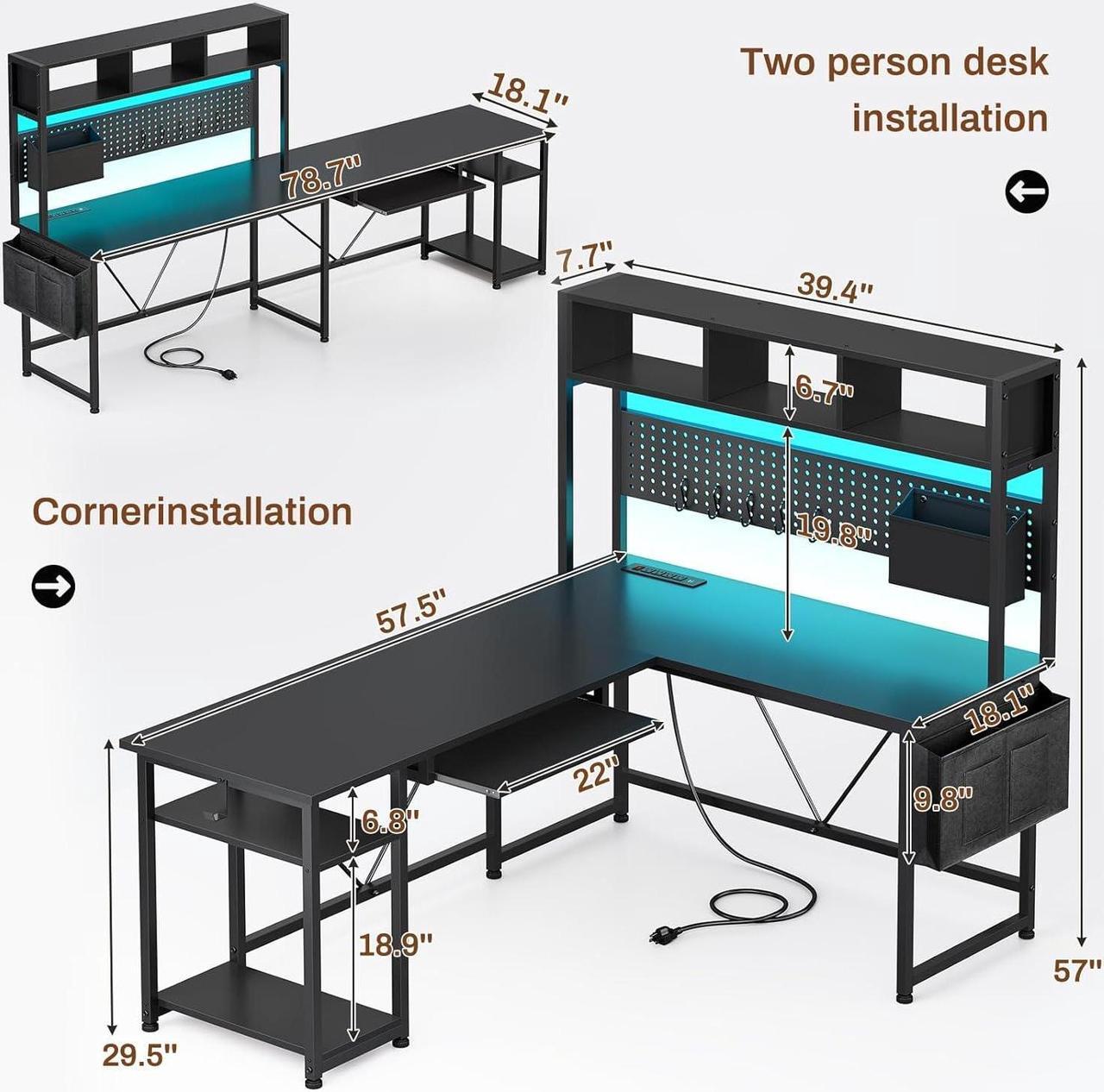 Alt view image 3 of 7 - L Shaped Gaming Desk with Hutch, 57.5 Reversible Corner Computer Desk with Storage Shelves, Gaming Desk with Pegboard, LED Lights, Power Outlet, Keyboard Tray and Storage Bag, Black