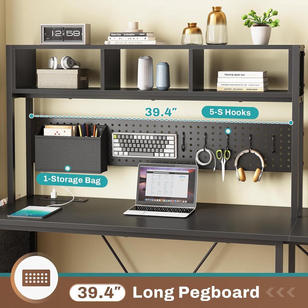 Alt view image 5 of 7 - L Shaped Gaming Desk with Hutch, 57.5 Reversible Corner Computer Desk with Storage Shelves, Gaming Desk with Pegboard, LED Lights, Power Outlet, Keyboard Tray and Storage Bag, Black