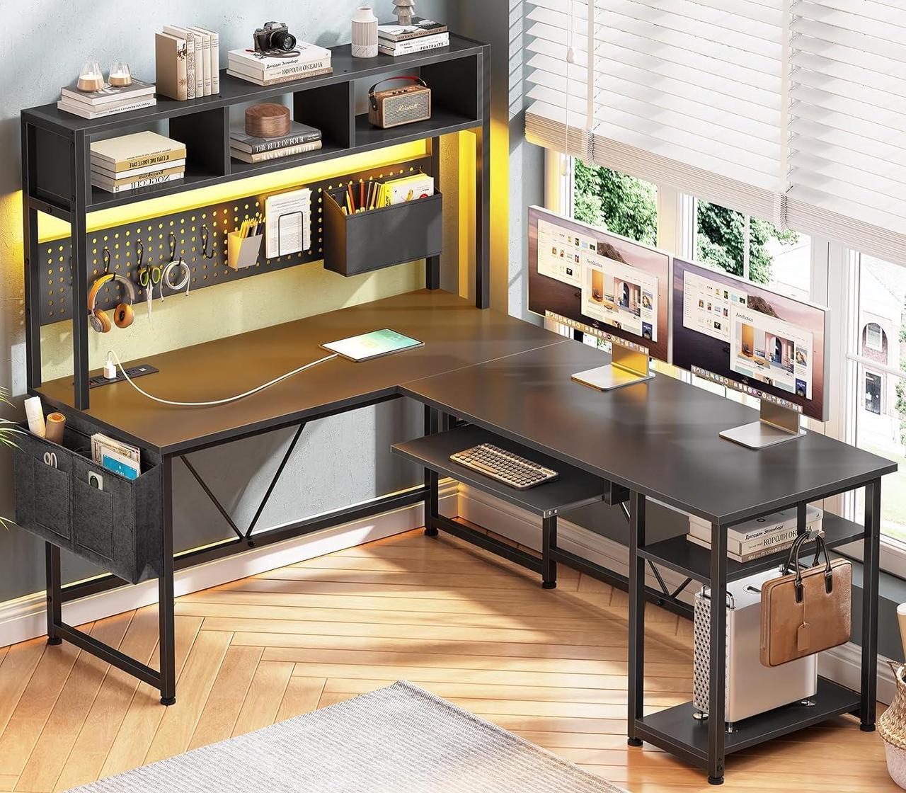 Alt view image 7 of 7 - L Shaped Gaming Desk with Hutch, 57.5 Reversible Corner Computer Desk with Storage Shelves, Gaming Desk with Pegboard, LED Lights, Power Outlet, Keyboard Tray and Storage Bag, Black