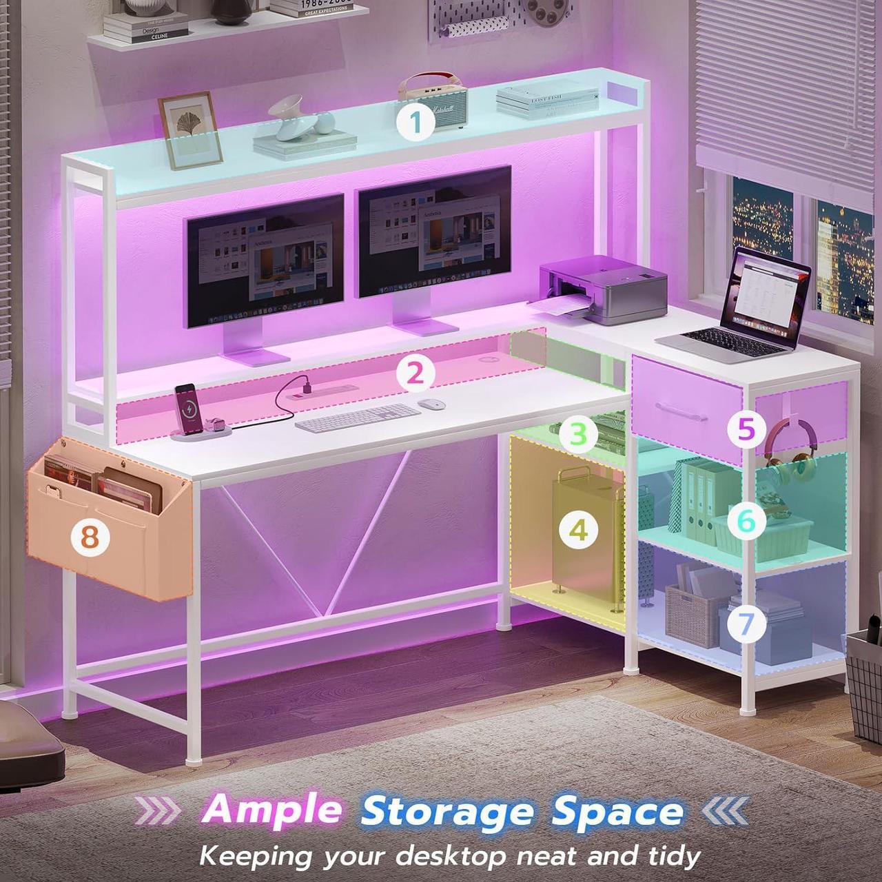 Alt view image 3 of 7 - White L Shaped Gaming Desk, 55" Corner Desk with Fabric Drawer and Storage Shelves, L Shaped Desk with Hutch, LED Lights, Power Strip, Monitor Stand for Home Office