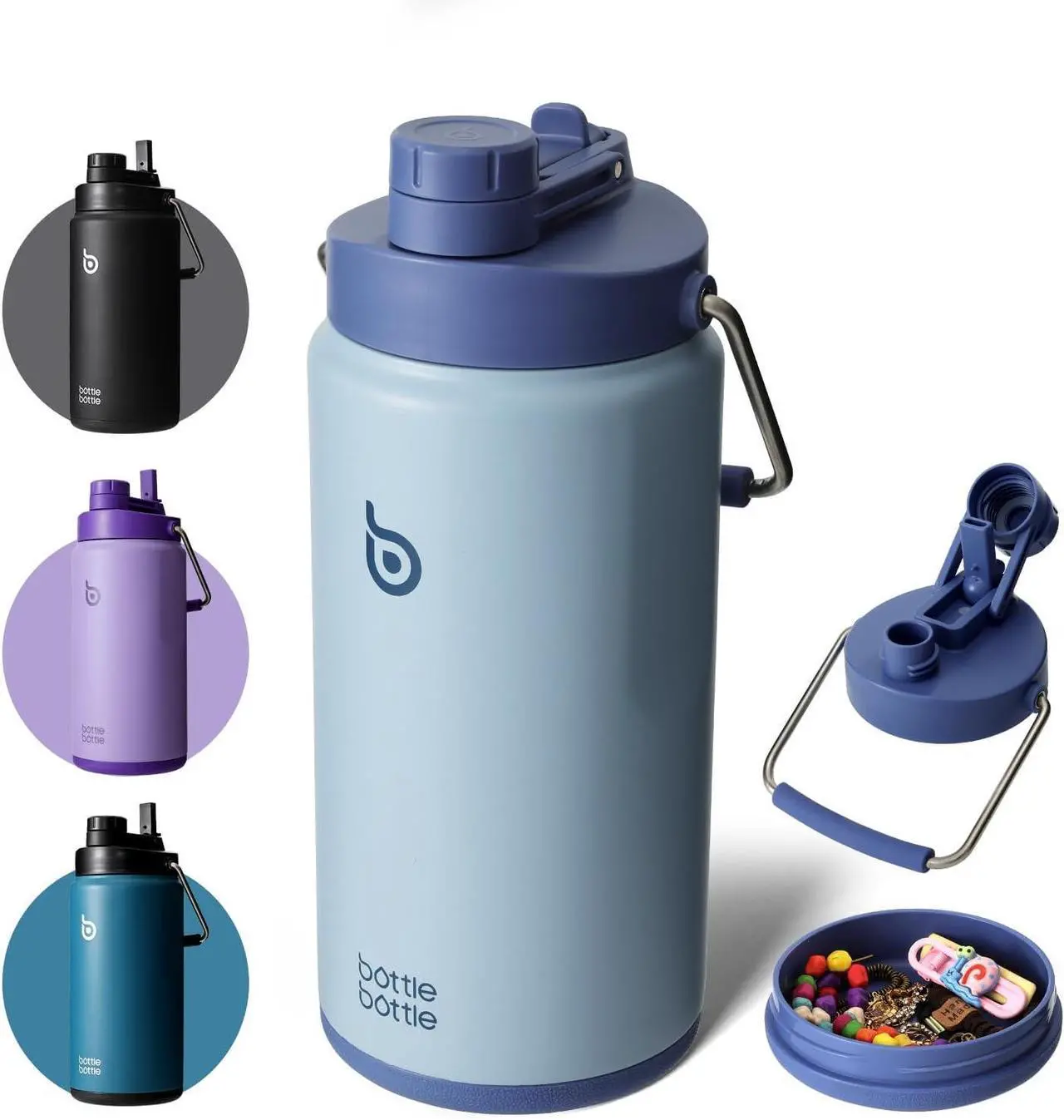 Main image of BOTTLE BOTTLE Insulated Water Bottle 64 oz with Straw and Dual-use Lid Half Gallon Water Jug Vacuum Stainless Steel for Workout Sports Insulated Beer Growler with Handle and Pills Holder Blue