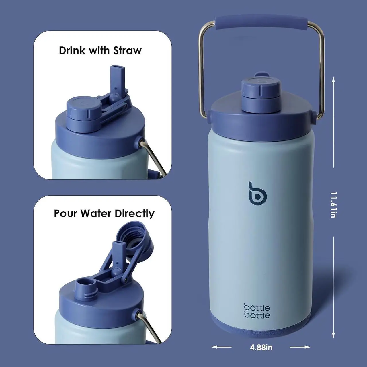 Alt view image 4 of 5 - BOTTLE BOTTLE Insulated Water Bottle 64 oz with Straw and Dual-use Lid Half Gallon Water Jug Vacuum Stainless Steel for Workout Sports Insulated Beer Growler with Handle and Pills Holder Blue