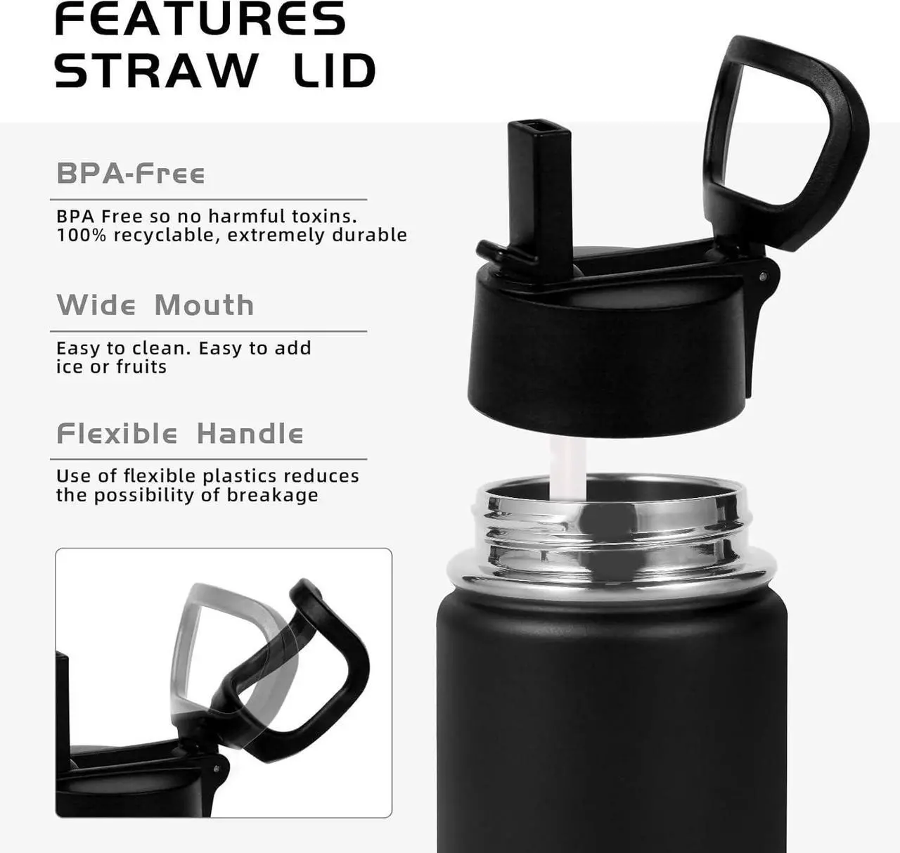 Alt view image 4 of 7 - Volhoply 14oz Water Bottle with Straw Lid and Silicone Boot Bulk 6 Pack,Stainless Steel Insulated Thermos for Boys & Girls Multipack,Double Wall Vacuum Leakproof Kids bottles(Black,6)