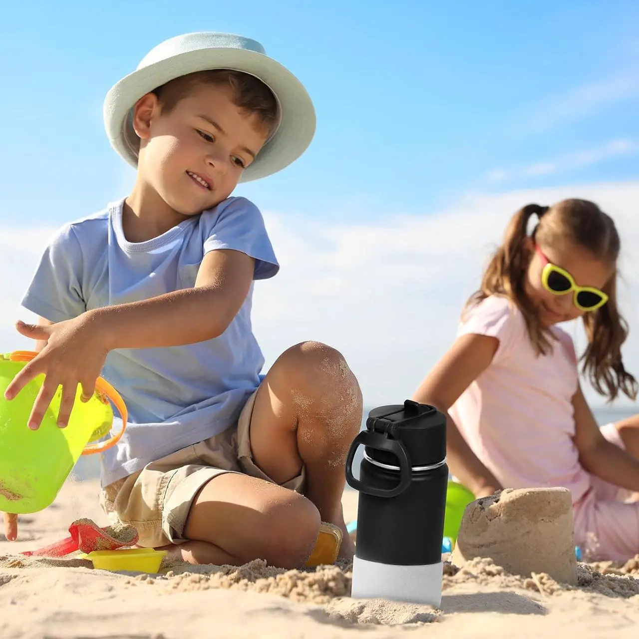 Alt view image 6 of 7 - Volhoply 14oz Water Bottle with Straw Lid and Silicone Boot Bulk 6 Pack,Stainless Steel Insulated Thermos for Boys & Girls Multipack,Double Wall Vacuum Leakproof Kids bottles(Black,6)