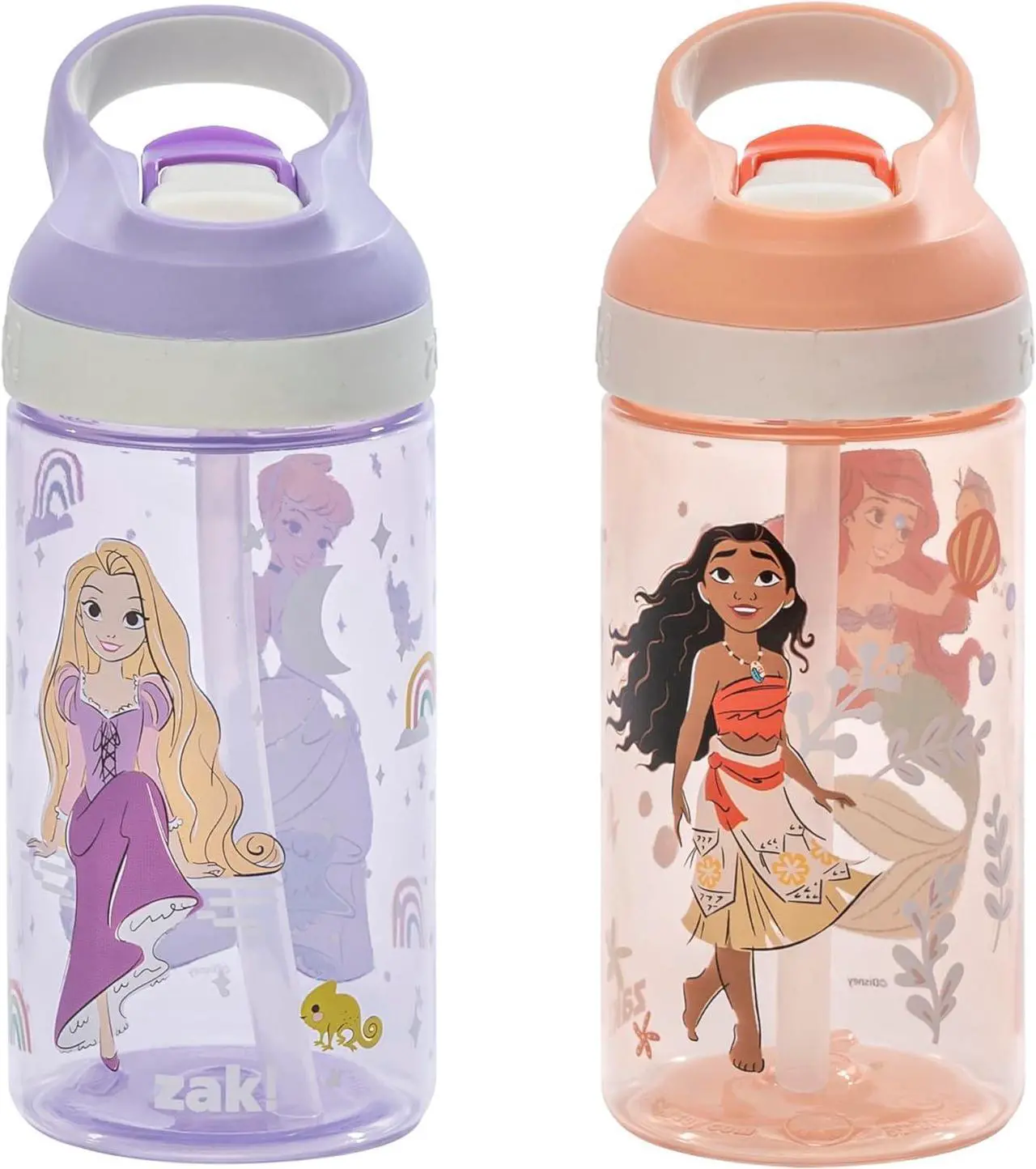 Main image of Zak Designs Disney Princess Atlantic Kids Water Bottle For School or Travel, 16oz Durable Plastic Water Bottle With Straw, Handle, Leak-Proof Spout Cover, 2-Pack (Ariel, Cinderella, Moana, Rapunzel)