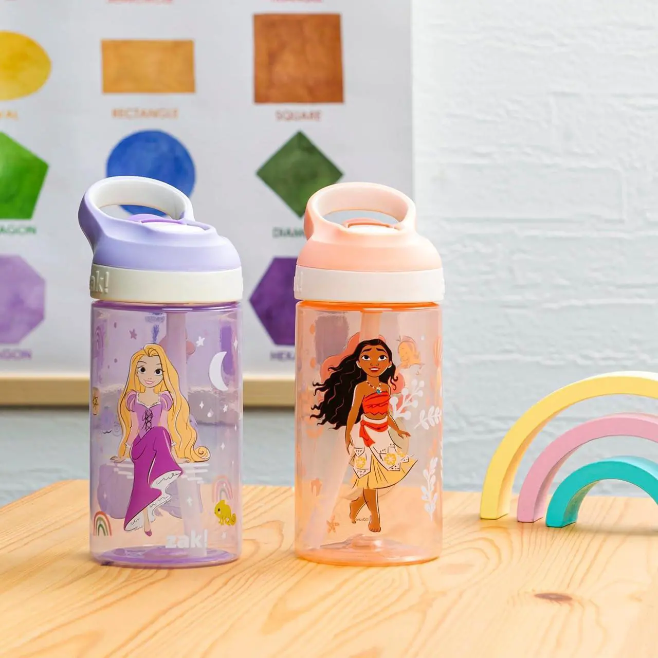 Alt view image 2 of 7 - Zak Designs Disney Princess Atlantic Kids Water Bottle For School or Travel, 16oz Durable Plastic Water Bottle With Straw, Handle, Leak-Proof Spout Cover, 2-Pack (Ariel, Cinderella, Moana, Rapunzel)