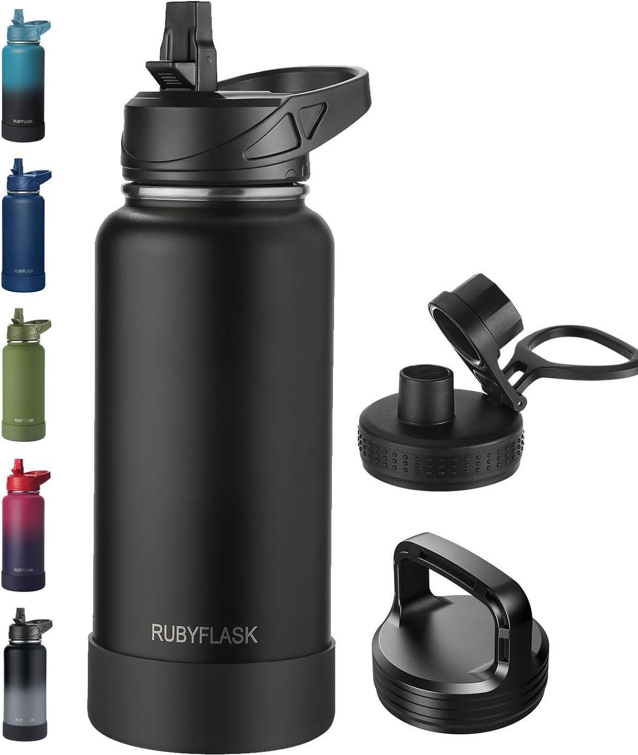 Main image of 32oz Insulated Water Bottle with Straw, Stainless Steel Metal Vacuum Water Flask, Large Thermos Water bottle with Leakproof 3 Lids for Travel, Camping, Gym Sports Black