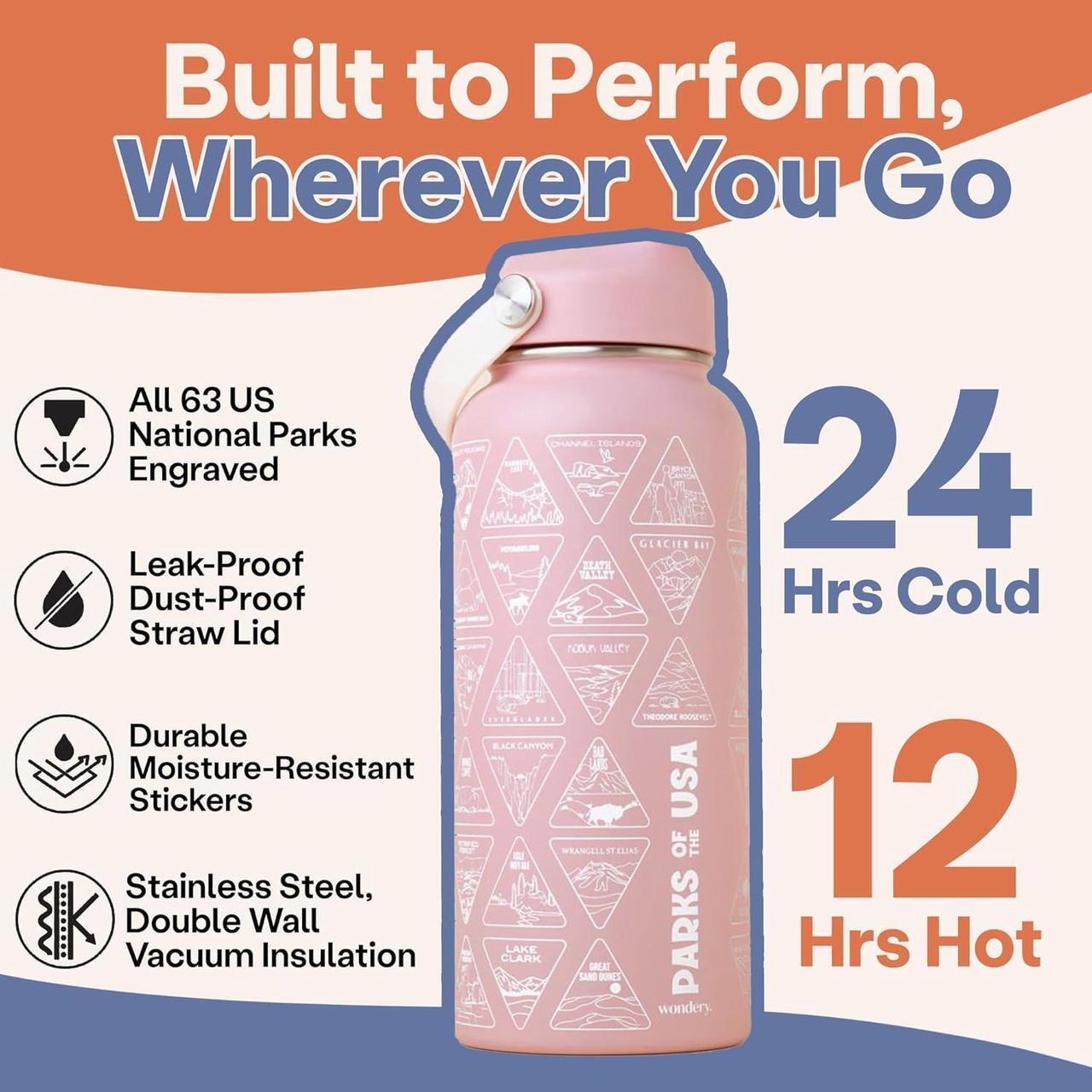 Alt view image 4 of 7 - Original National Parks of the USA Bucket List Travel Water Bottle Mother's Day Pink Ocean 32 oz Screen Printed | Insulated Stainless Steel Vacuum Sealed | Leak Proof