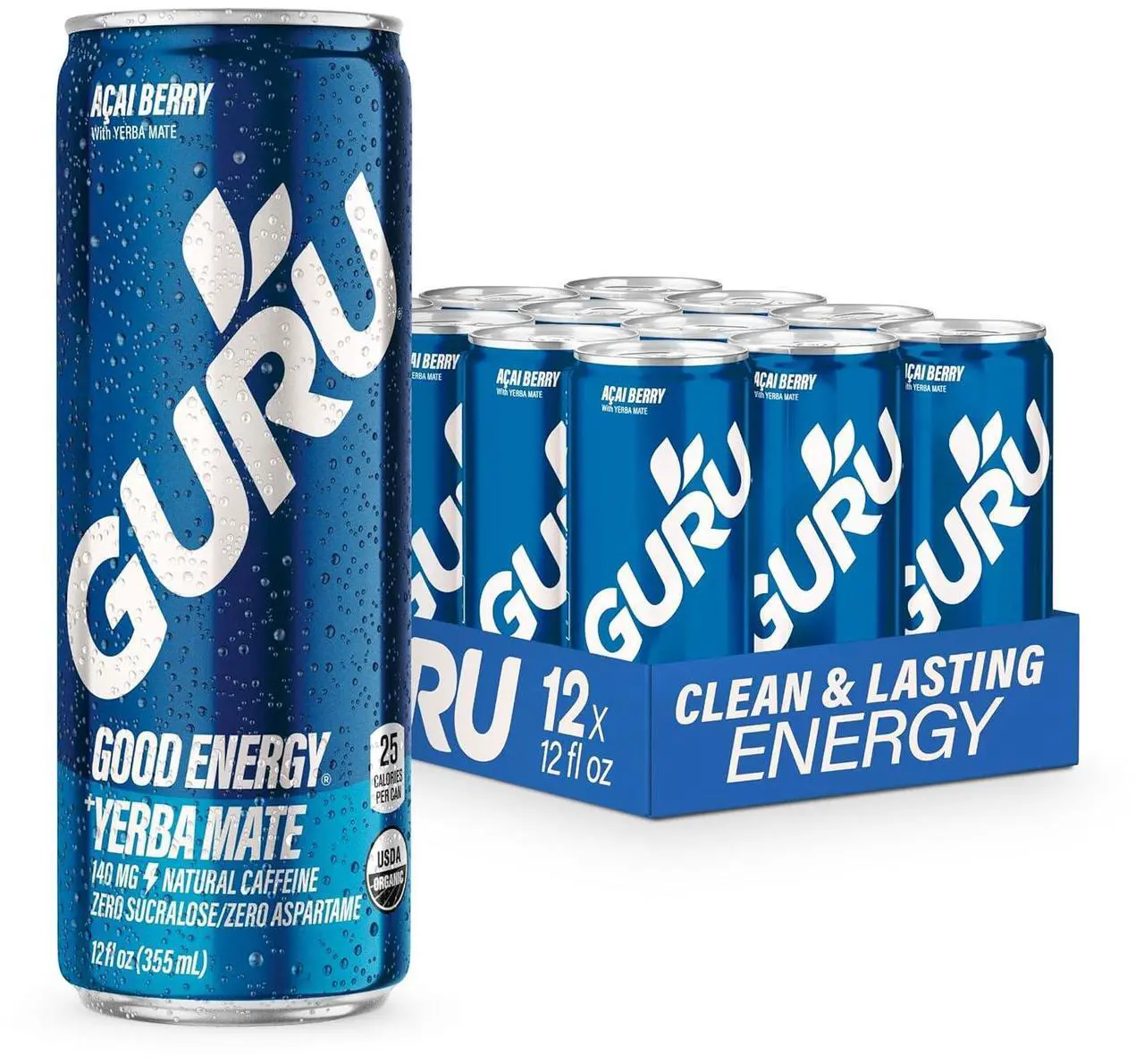 Main image of GURU Yerba Mate Organic Energy Drinks, Clean Energy Drink with Plant Based Natural Caffeine from Green Tea, Low Calorie, Gluten Free, 140mg Caffeine, Healthy Drinks, Acai Berry, 12oz (Pack of 12)