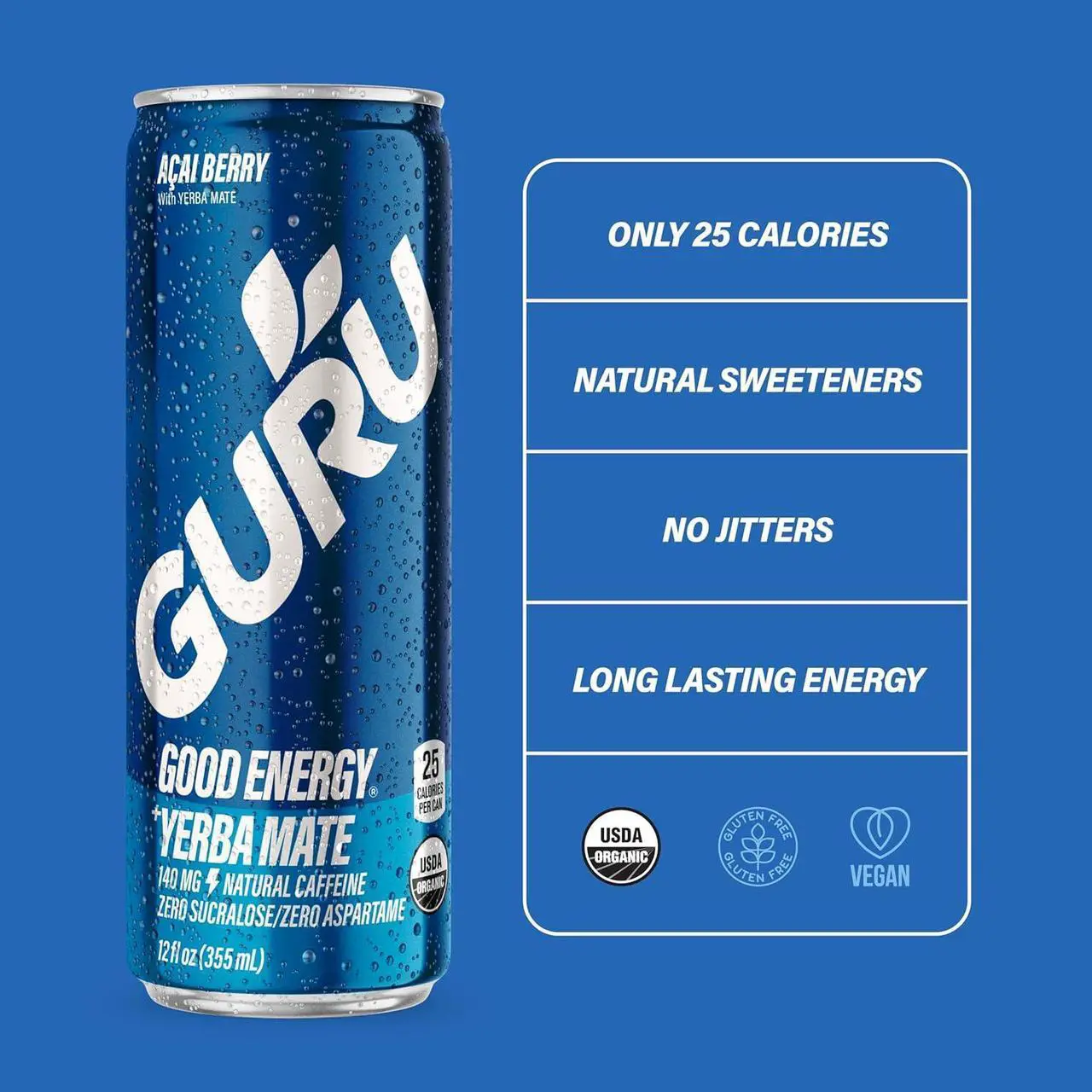 Alt view image 5 of 7 - GURU Yerba Mate Organic Energy Drinks, Clean Energy Drink with Plant Based Natural Caffeine from Green Tea, Low Calorie, Gluten Free, 140mg Caffeine, Healthy Drinks, Acai Berry, 12oz (Pack of 12)