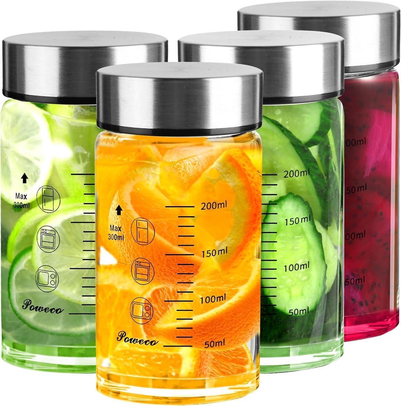 Main image of Glass Juice Bottles 4 Pack 10 oz - Wide Mouth Glass Water Bottles with Lids - for Juicing, Protein, Smoothie, Milk, Reusable, BPA Free, Stainless Steel Lids, Blender, Shaker Bottle (10oz/300ml)