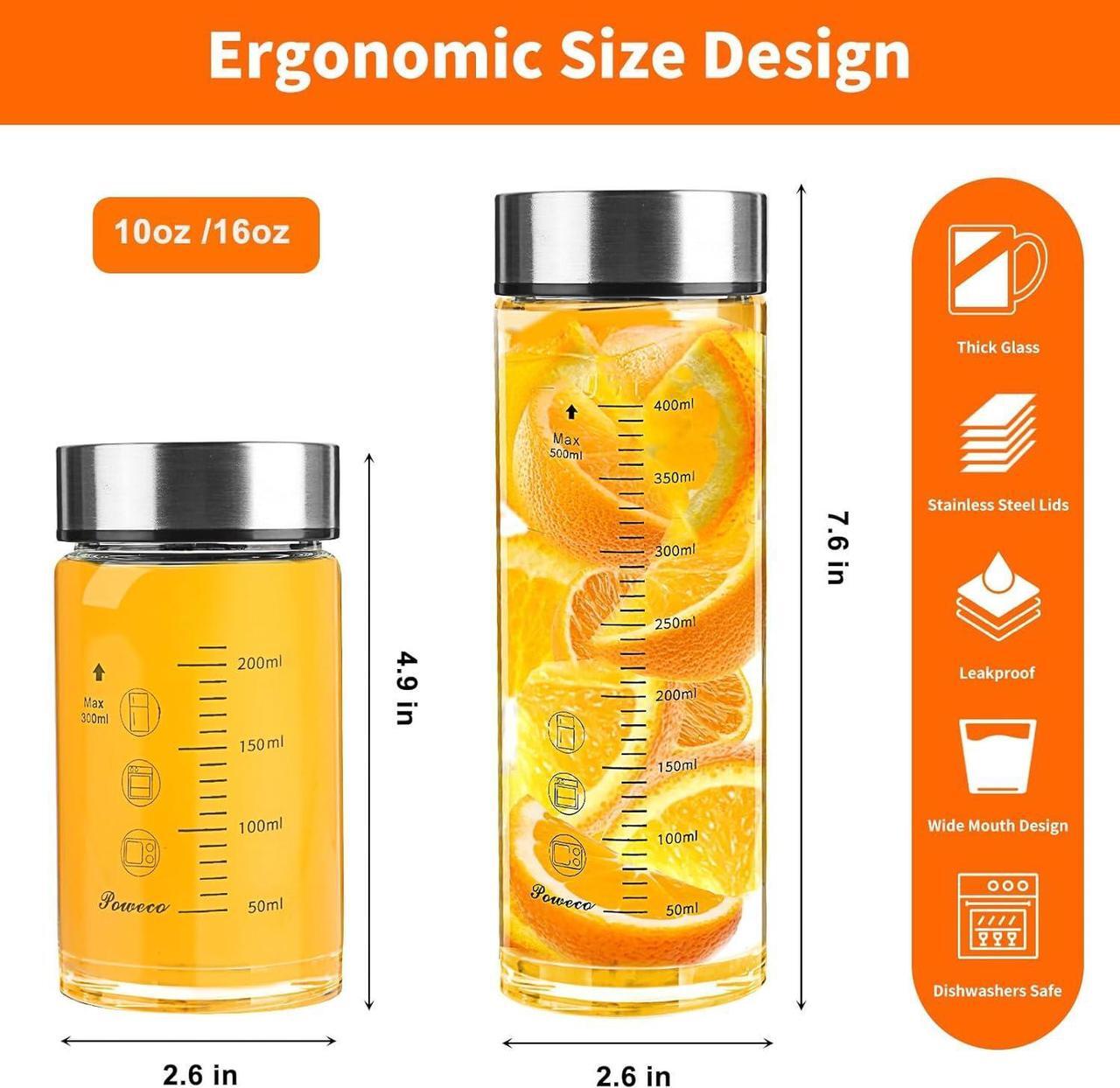 Alt view image 2 of 6 - Glass Juice Bottles 4 Pack 10 oz - Wide Mouth Glass Water Bottles with Lids - for Juicing, Protein, Smoothie, Milk, Reusable, BPA Free, Stainless Steel Lids, Blender, Shaker Bottle (10oz/300ml)