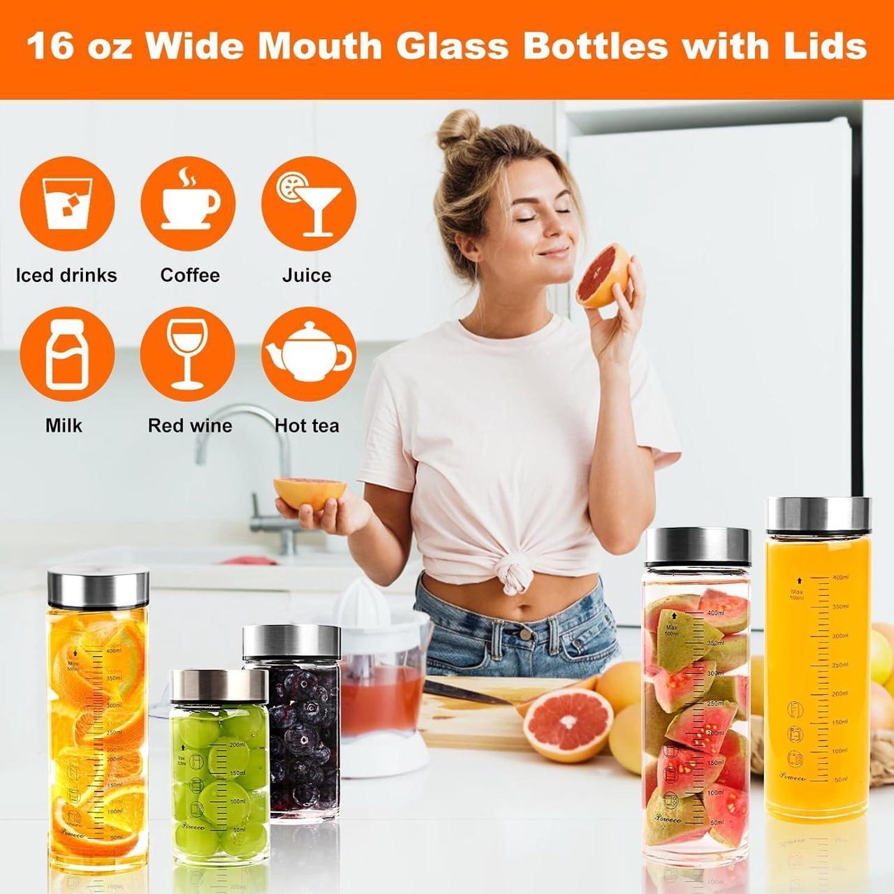 Alt view image 5 of 6 - Glass Juice Bottles 4 Pack 10 oz - Wide Mouth Glass Water Bottles with Lids - for Juicing, Protein, Smoothie, Milk, Reusable, BPA Free, Stainless Steel Lids, Blender, Shaker Bottle (10oz/300ml)