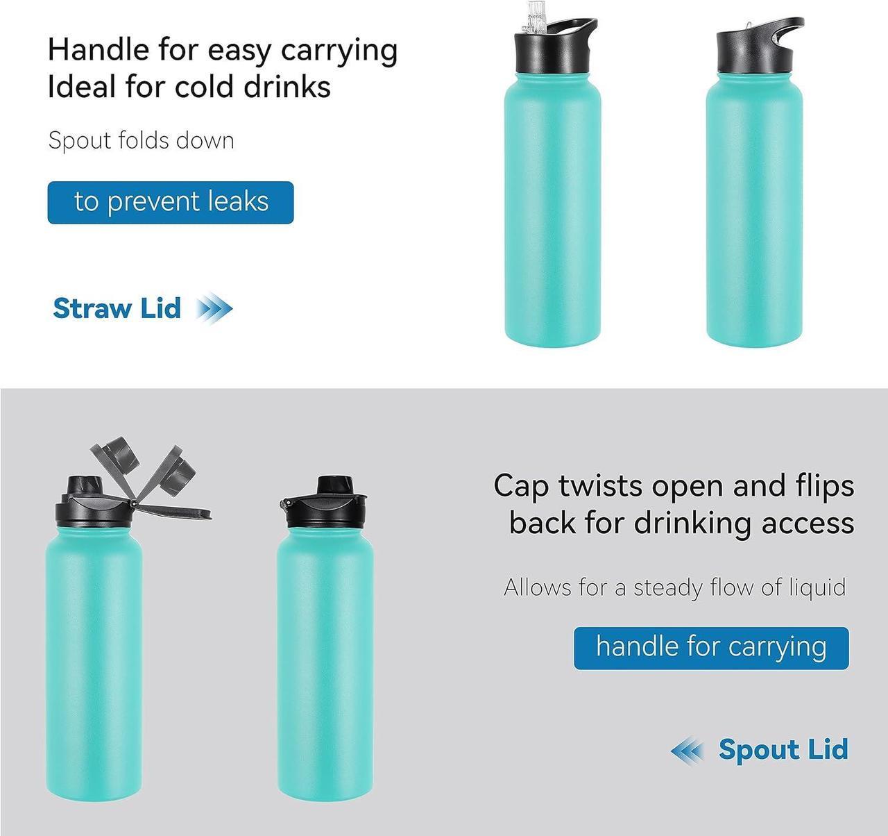 Alt view image 5 of 7 - VEGOND 40 oz Insulated Water Bottle Bulk Stainless Steel Metal Water Bottles with Leak Proof Straw Lid & Spout Lid, Wide Mouth Double Walled Vacuum Travel Sports Bottle, 4 Pack
