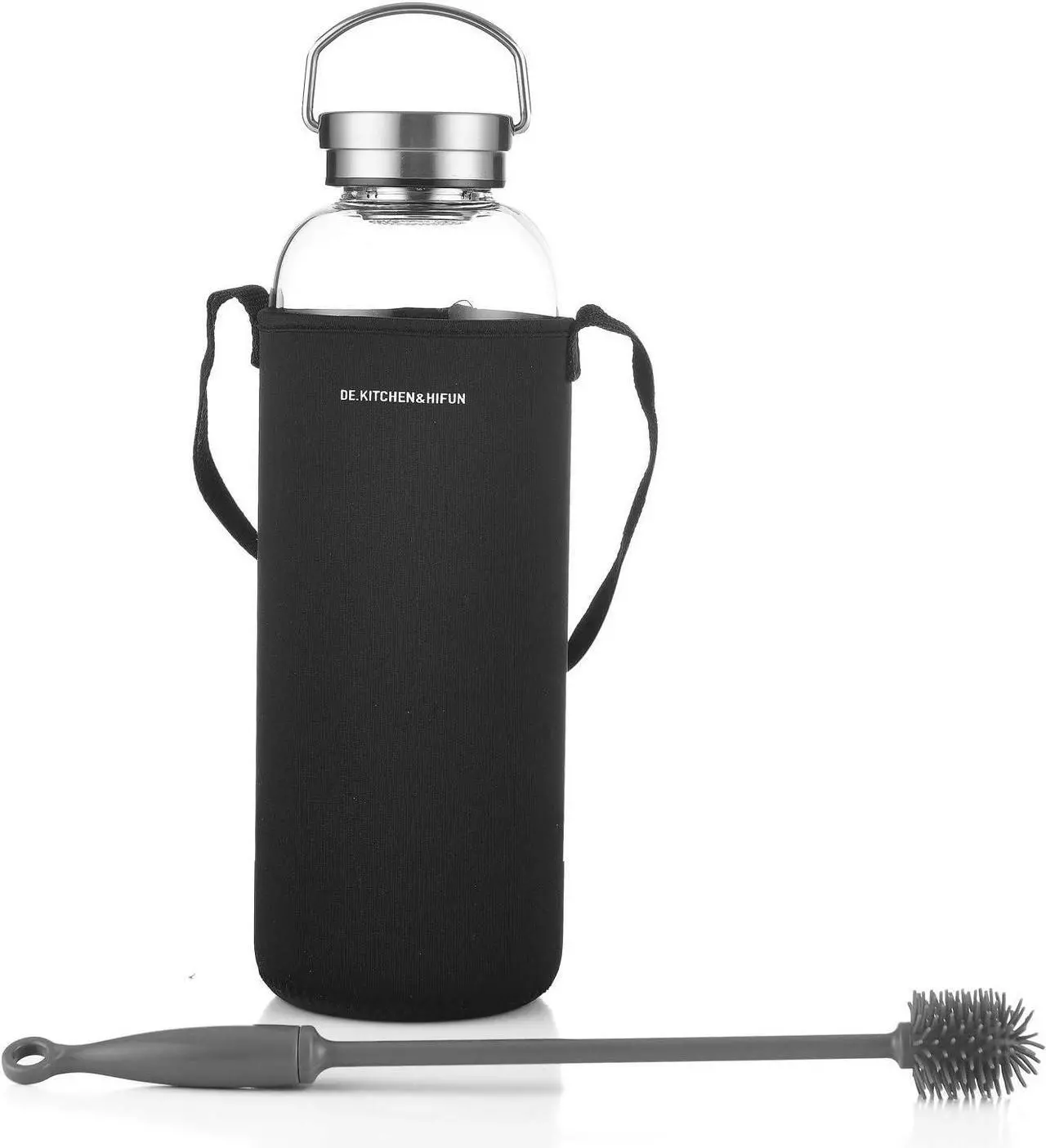Main image of DE.KITCHEN&HIFUN Glasss Water Bottle 64oz, Large Borosilicate Glass 2L for Juice, Glass Water Bottle with Steel Cap Filter