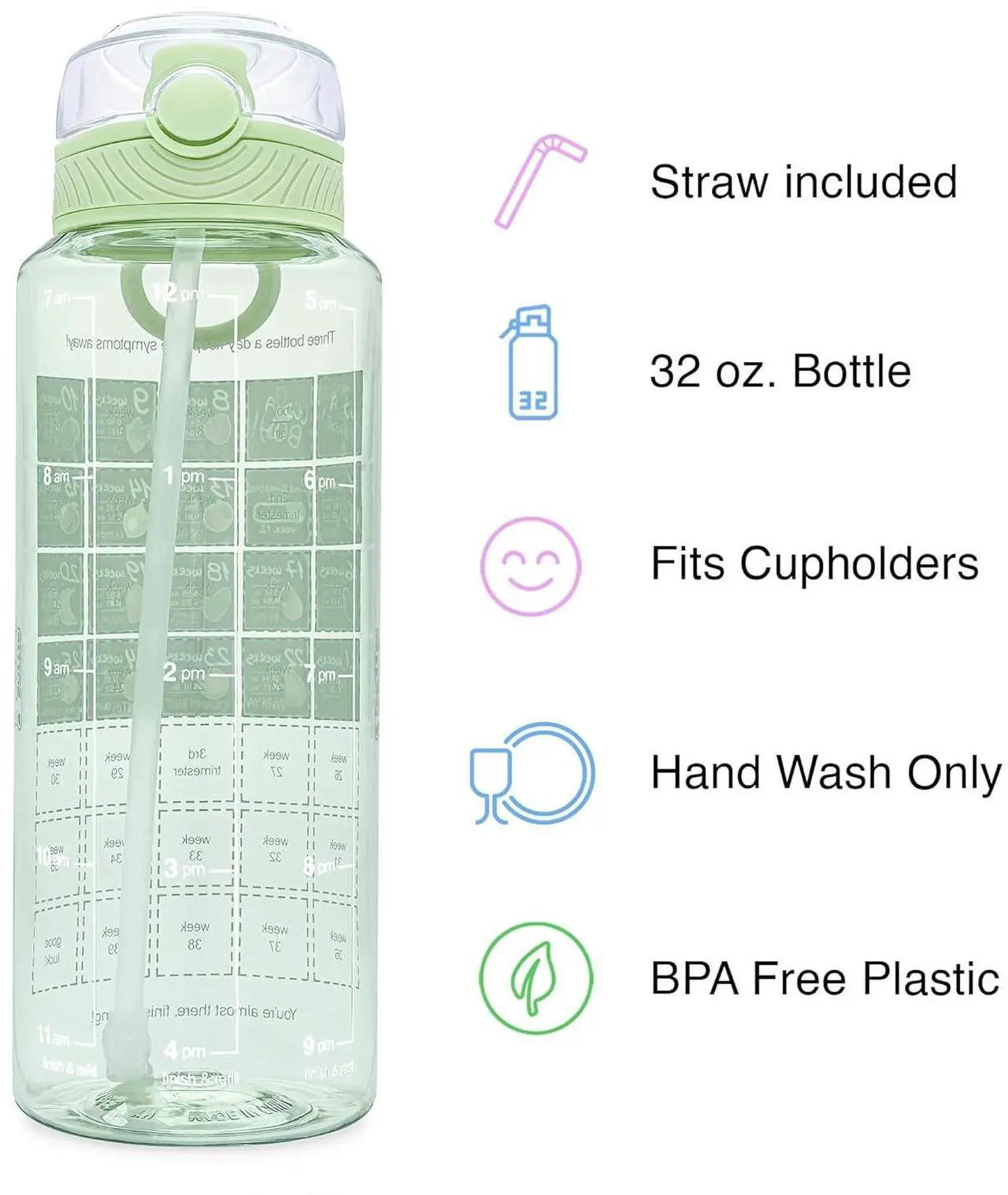 Alt view image 4 of 6 - Pregnancy Water Bottle Tracker Must Haves for Expecting Moms Nausea Relief + Straw + BPA Free Green