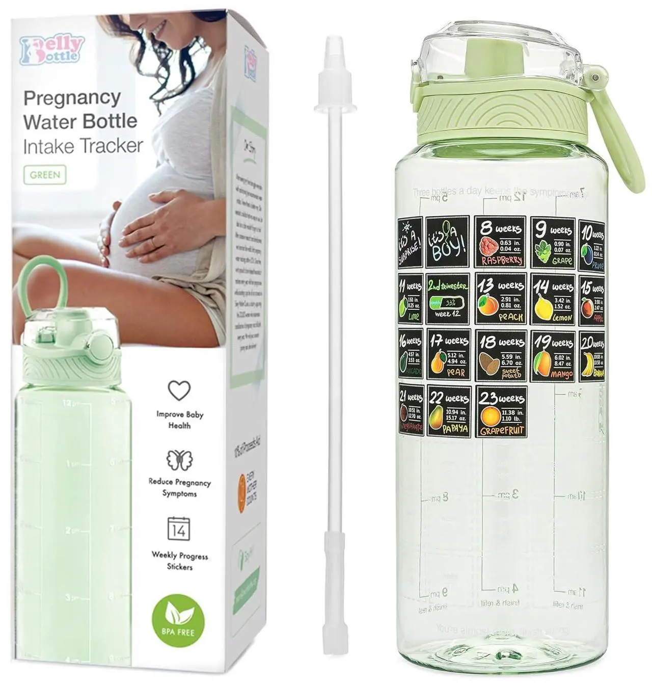 Main image of Pregnancy Water Bottle Tracker Must Haves for Expecting Moms Nausea Relief + Straw + BPA Free Green