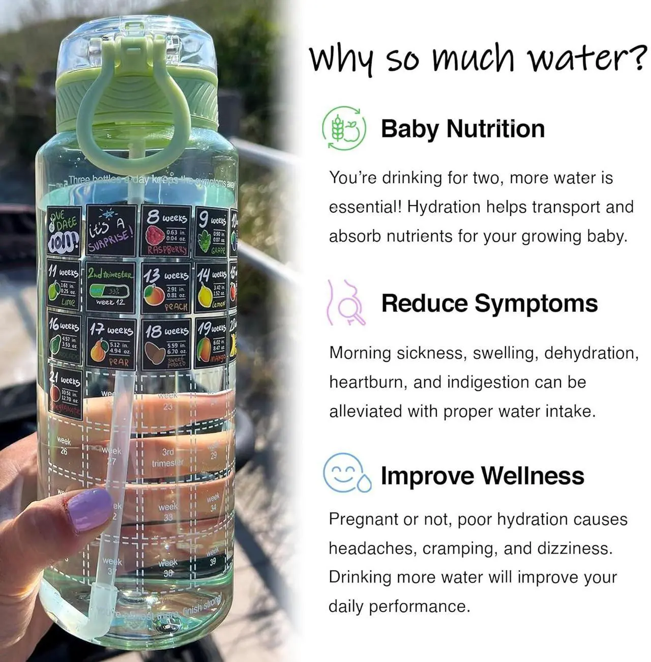 Alt view image 6 of 6 - Pregnancy Water Bottle Tracker Must Haves for Expecting Moms Nausea Relief + Straw + BPA Free Green