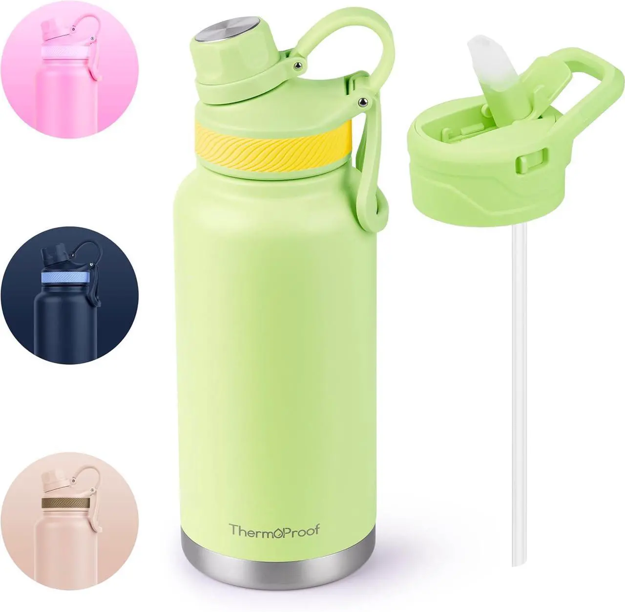 Main image of ThermoProof Double-Walled Vacuum Insulated Stainless Steel Water Bottle - Wide Mouth, Spout & Straw Lids, Dishwasher Safe, Reusable, Leakproof, Hot & Cold for Men, Women & Kids - 32oz, Fresh Mint