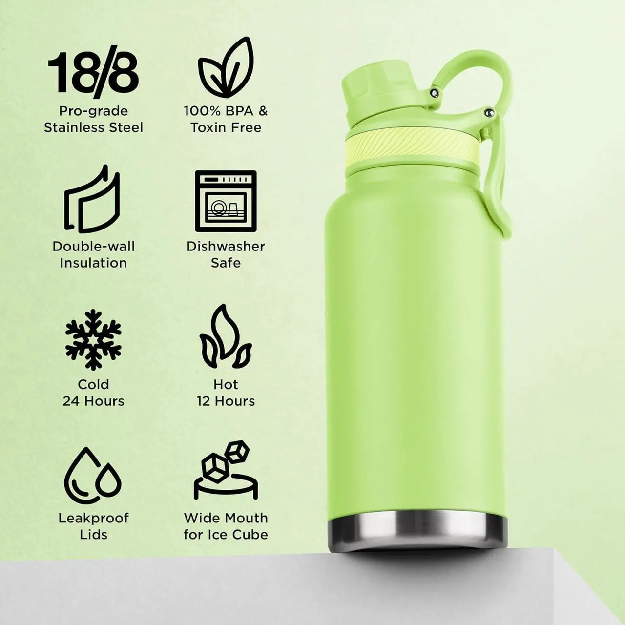 Alt view image 2 of 7 - ThermoProof Double-Walled Vacuum Insulated Stainless Steel Water Bottle - Wide Mouth, Spout & Straw Lids, Dishwasher Safe, Reusable, Leakproof, Hot & Cold for Men, Women & Kids - 32oz, Fresh Mint