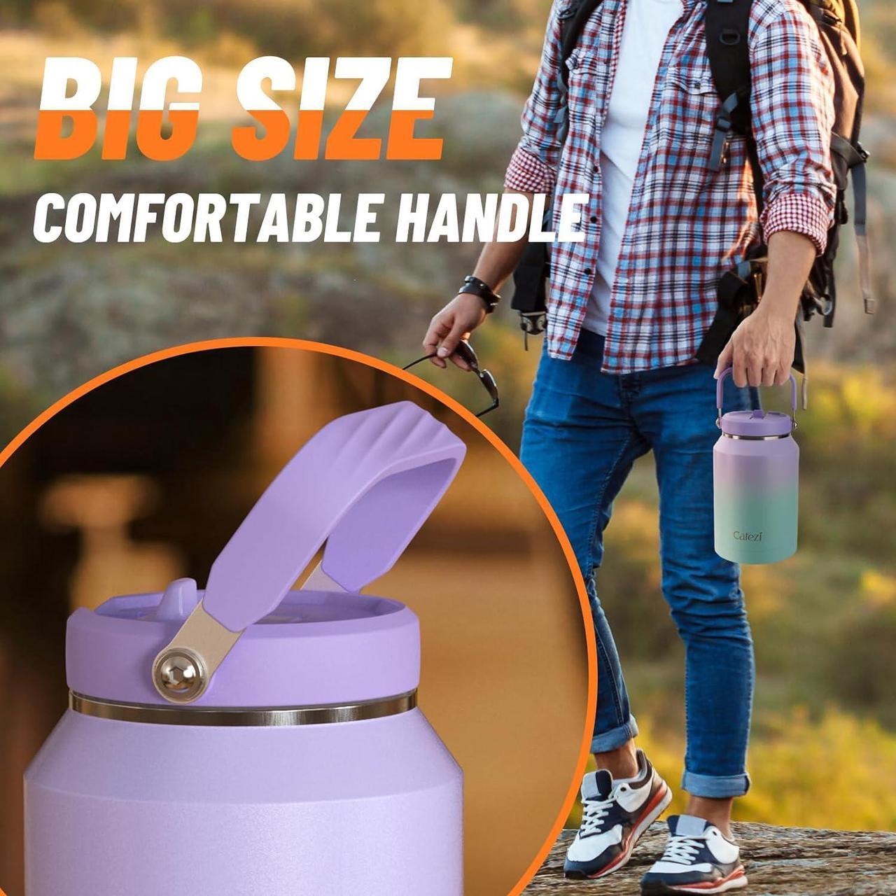 Alt view image 6 of 7 - 64 oz Insulated Water Bottle, Stainless Steel Water Bottles with Flip Straw and Top Handle, Leak Proof, No Sweat, Iced for 34 Hours, Vacuum Insulated Water Jug for Home, Office, Hiking, Car