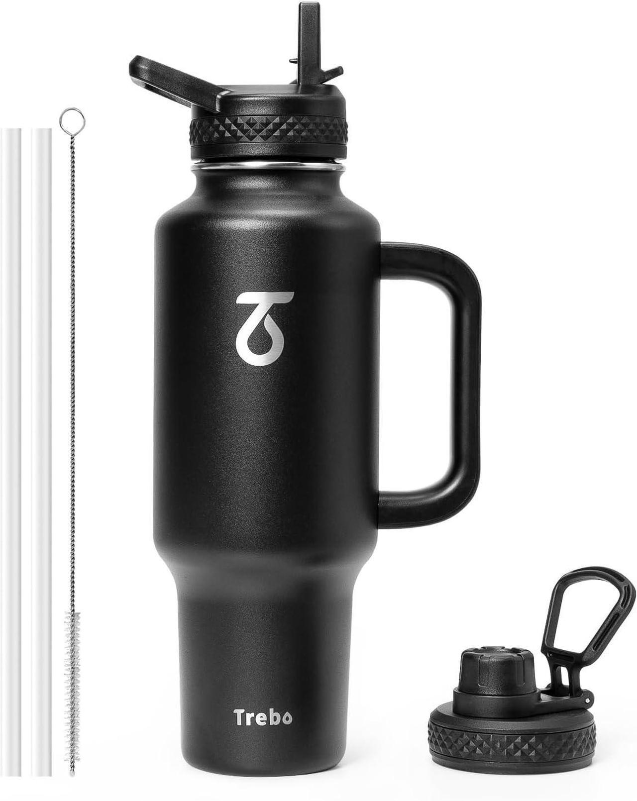 Main image of Trebo 40 oz Water Bottle Insulated Fit Car Cup Holder with Handle, Stainless Steel Water Bottles Tumbler with Spout Straw Lids, Double Wall Travel Reusable Flask, Leakproof Mug,Keep Cold &Hot,Black