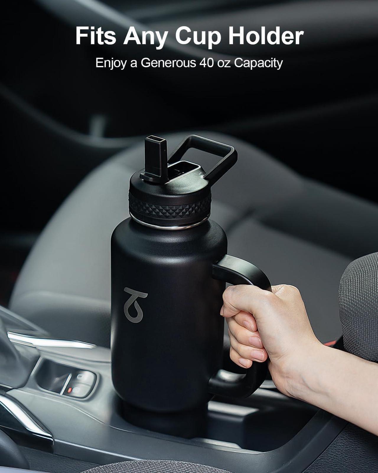Alt view image 2 of 7 - Trebo 40 oz Water Bottle Insulated Fit Car Cup Holder with Handle, Stainless Steel Water Bottles Tumbler with Spout Straw Lids, Double Wall Travel Reusable Flask, Leakproof Mug,Keep Cold &Hot,Black