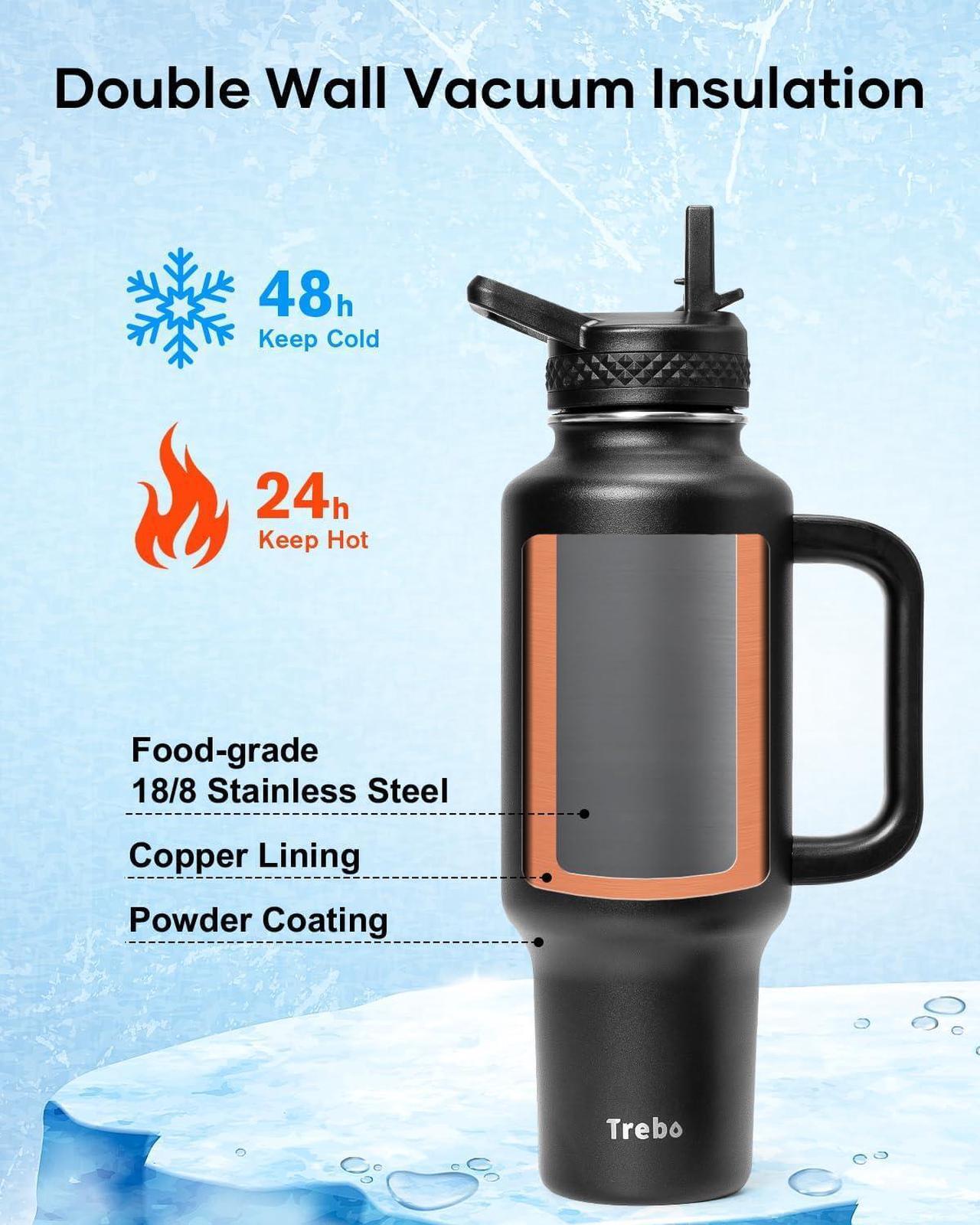 Alt view image 3 of 7 - Trebo 40 oz Water Bottle Insulated Fit Car Cup Holder with Handle, Stainless Steel Water Bottles Tumbler with Spout Straw Lids, Double Wall Travel Reusable Flask, Leakproof Mug,Keep Cold &Hot,Black