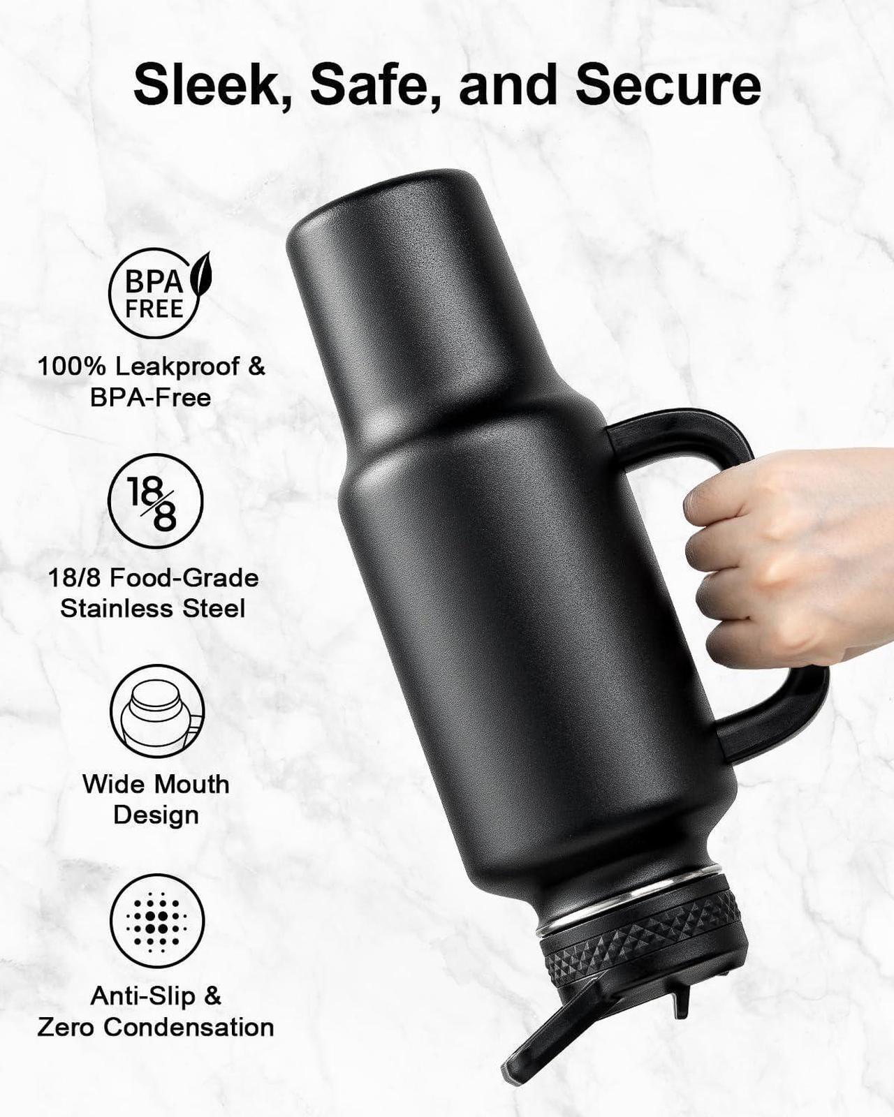 Alt view image 4 of 7 - Trebo 40 oz Water Bottle Insulated Fit Car Cup Holder with Handle, Stainless Steel Water Bottles Tumbler with Spout Straw Lids, Double Wall Travel Reusable Flask, Leakproof Mug,Keep Cold &Hot,Black