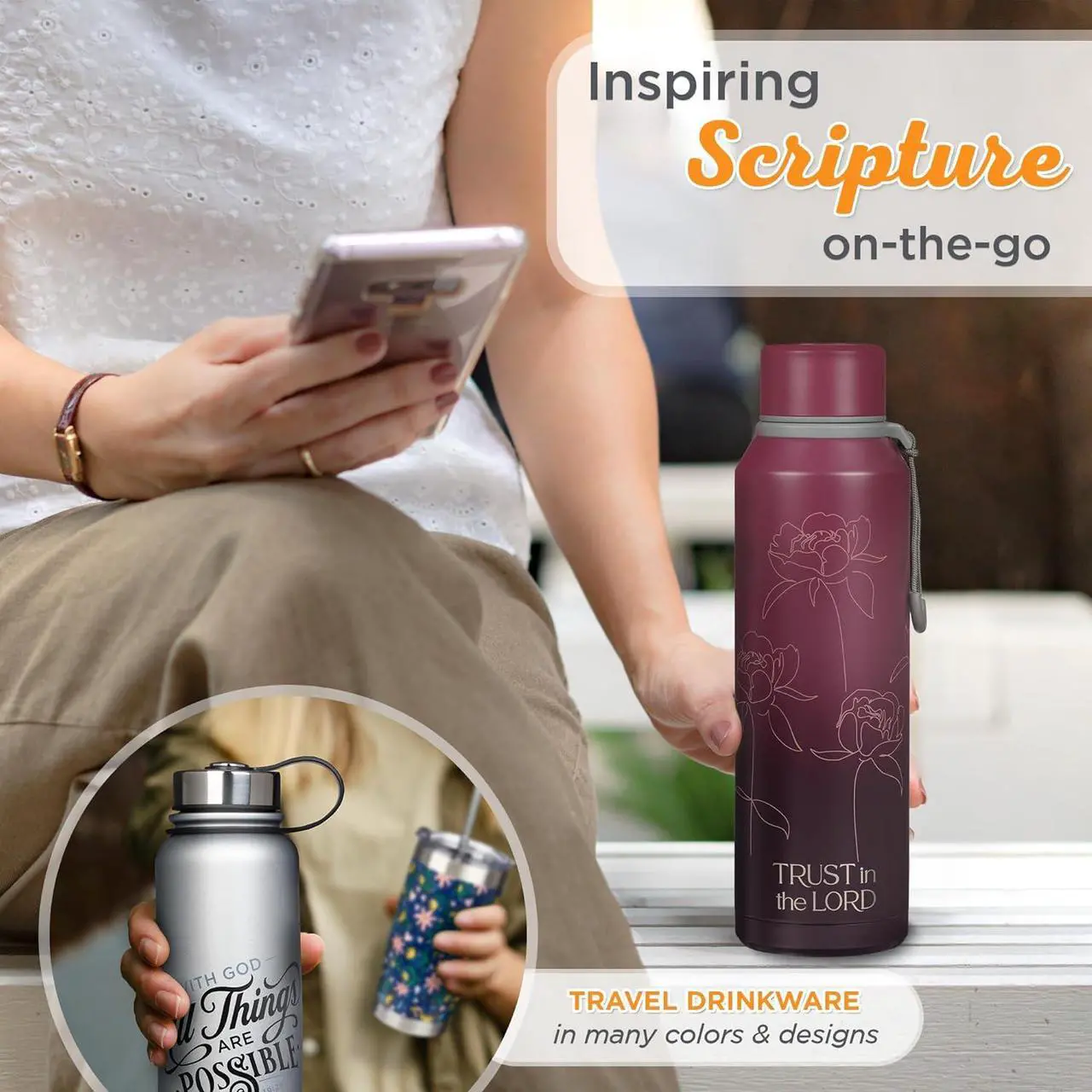 Alt view image 6 of 7 - Christian Art Gifts Stainless Steel Double Wall Vacuum Sealed Insulated Water Bottle for Women: Trust in the Lord Bible Verse, Leak/Spill-proof, Scratch Resistant, Wide Mouth, Cute Plum Purple, 24 oz