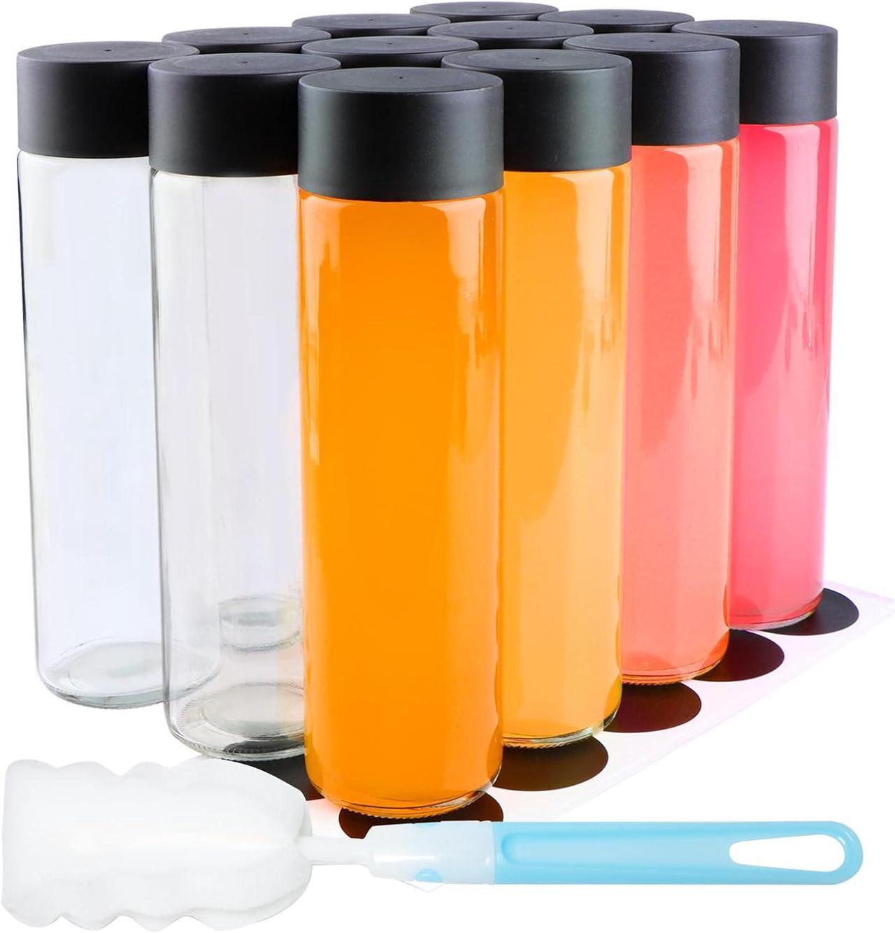 Main image of 12 Pack 16oz Glass Water Bottles, 500ml Empty Glass Drink Bottles with Black Lids, Brush & Labels, Clear Reusable Juice Bottles for Juicing, Homemade Smoothies, Beverages