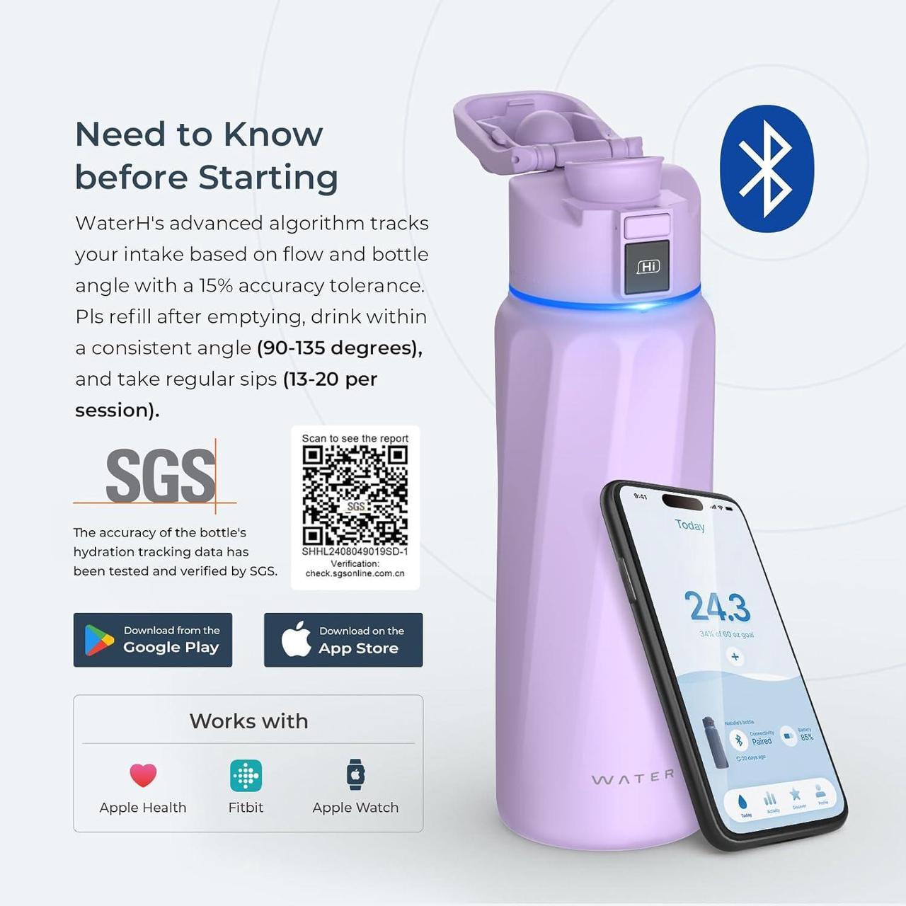 Alt view image 6 of 7 - BOOST Smart Water Bottle with Reminder to Drink Water & Water Tracker Bottle - Double Wall Vacuum Insulated Water Bottle Stainless Steel, Wide Mouth 32 oz Water Bottles, Ideal for Gift - Purple