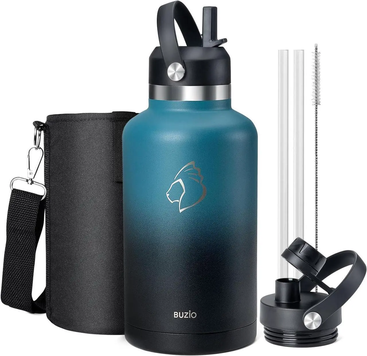 Main image of BUZIO 64oz Water Bottle Insulated, Half Gallon Stainless Steel Water Jug with Straw Lid and Carrying Pouch, Leak Proof Double Wall Thermo Water Flask Metal Canteen for Gym Sport Camping, Indigo Crush